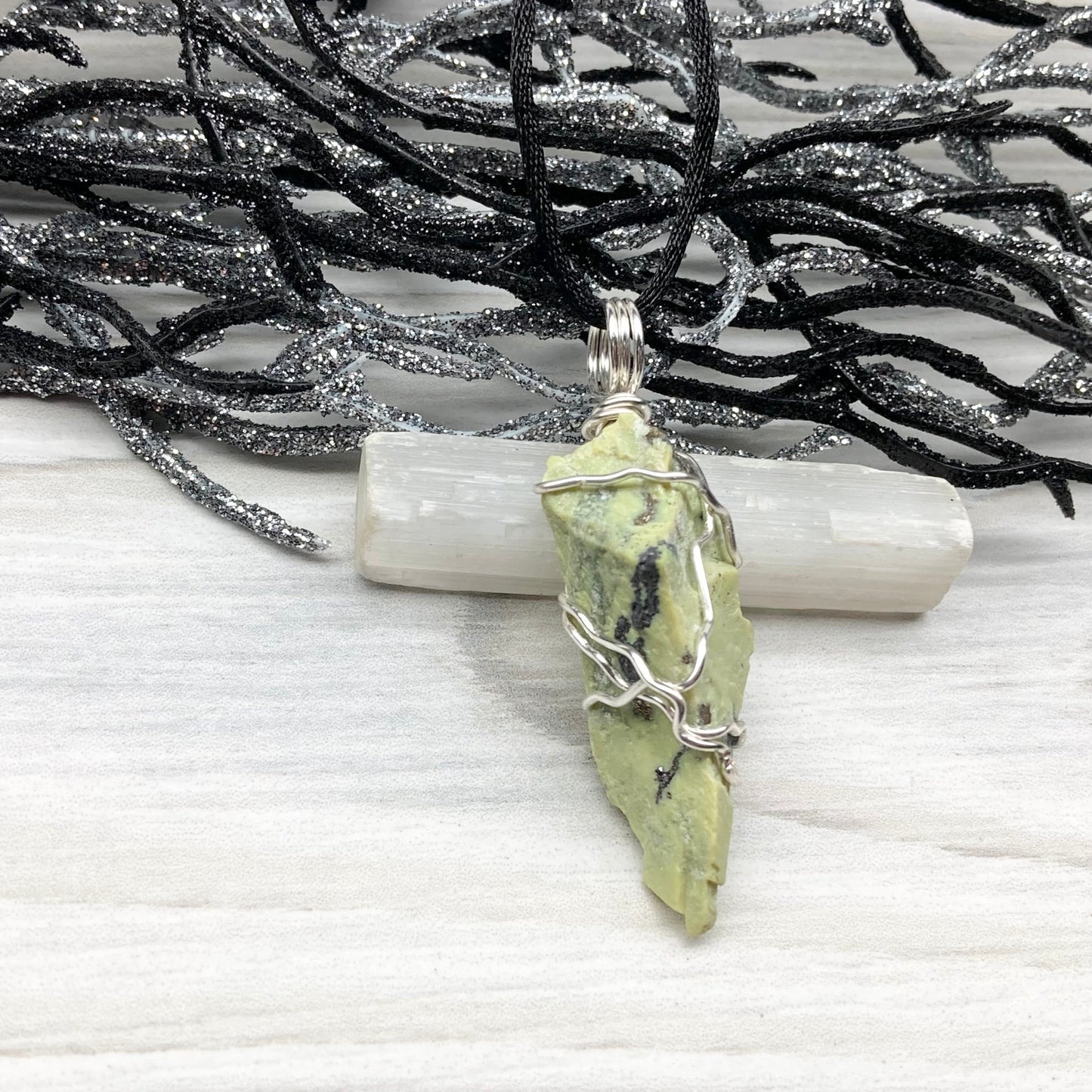 Serpentine necklace. Raw Serpentine wrapped with silver colored copper wire. Green crystal. Wire wrapped stone jewelry.