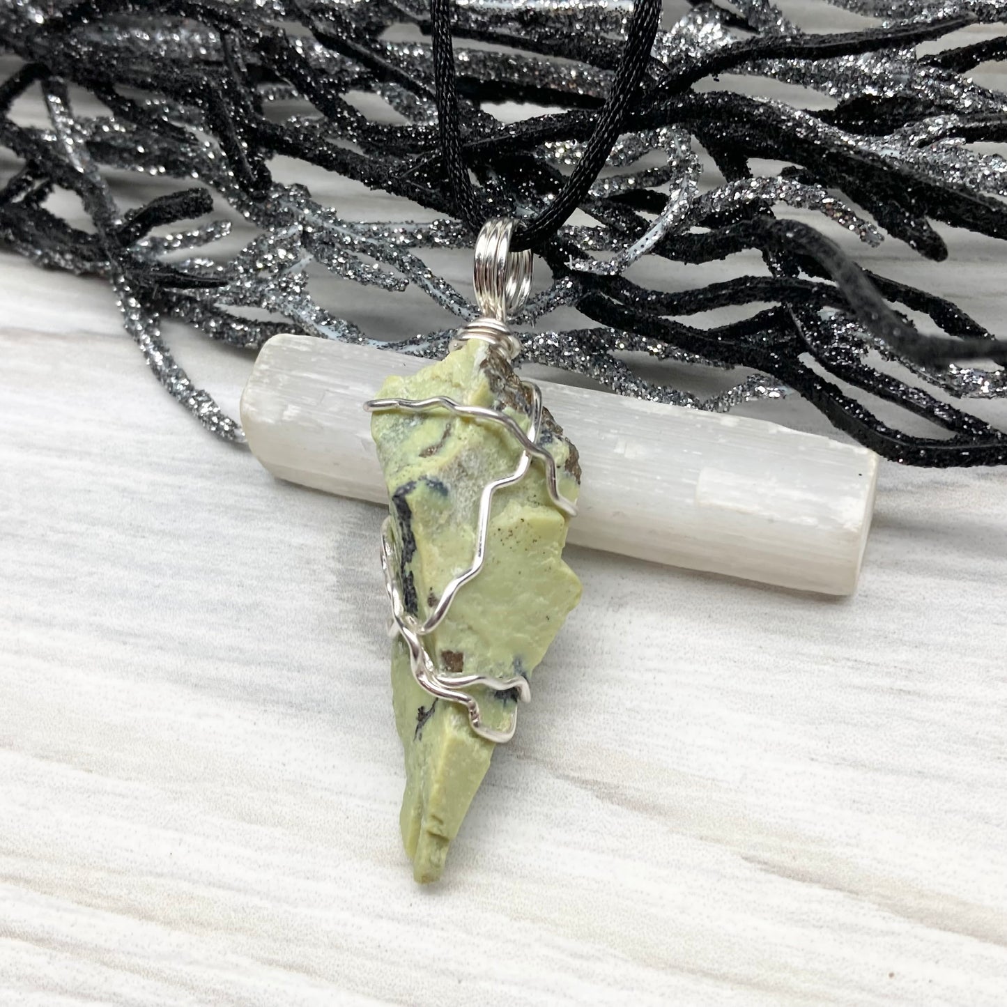 Serpentine necklace. Raw Serpentine wrapped with silver colored copper wire. Green crystal. Wire wrapped stone jewelry.