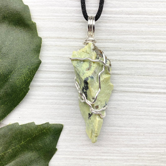 Serpentine necklace. Raw Serpentine wrapped with silver colored copper wire. Green crystal. Wire wrapped stone jewelry.