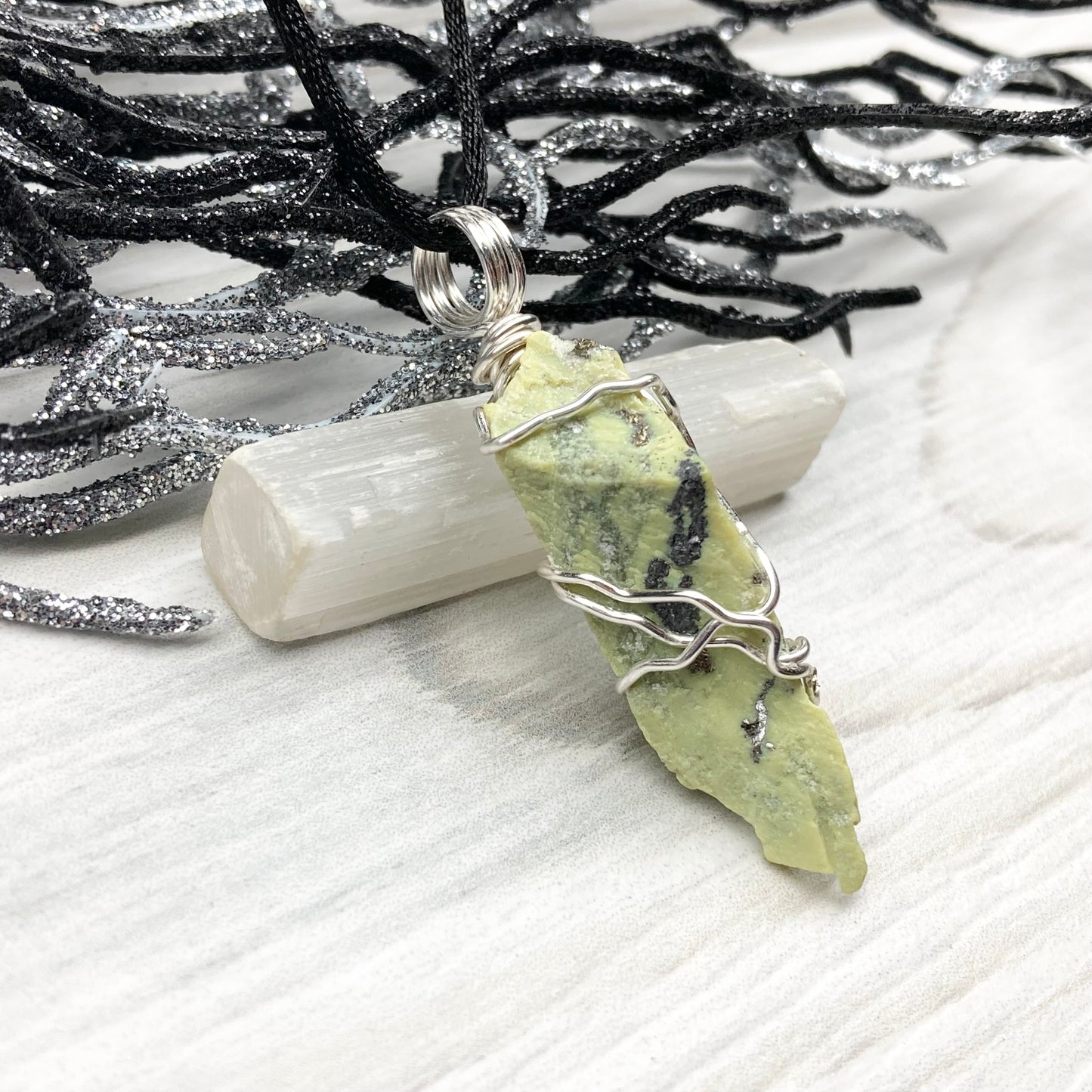 Serpentine necklace. Raw Serpentine wrapped with silver colored copper wire. Green crystal. Wire wrapped stone jewelry.