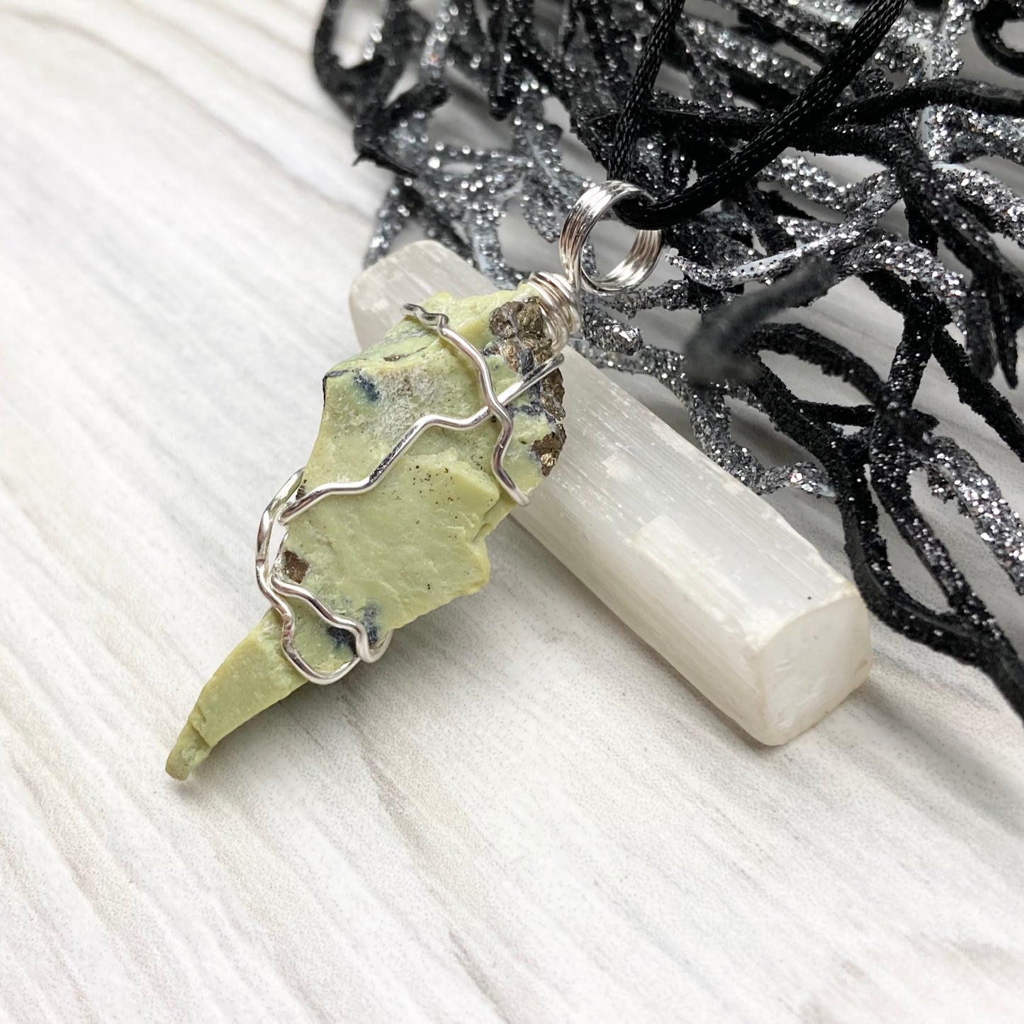Serpentine necklace. Raw Serpentine wrapped with silver colored copper wire. Green crystal. Wire wrapped stone jewelry.