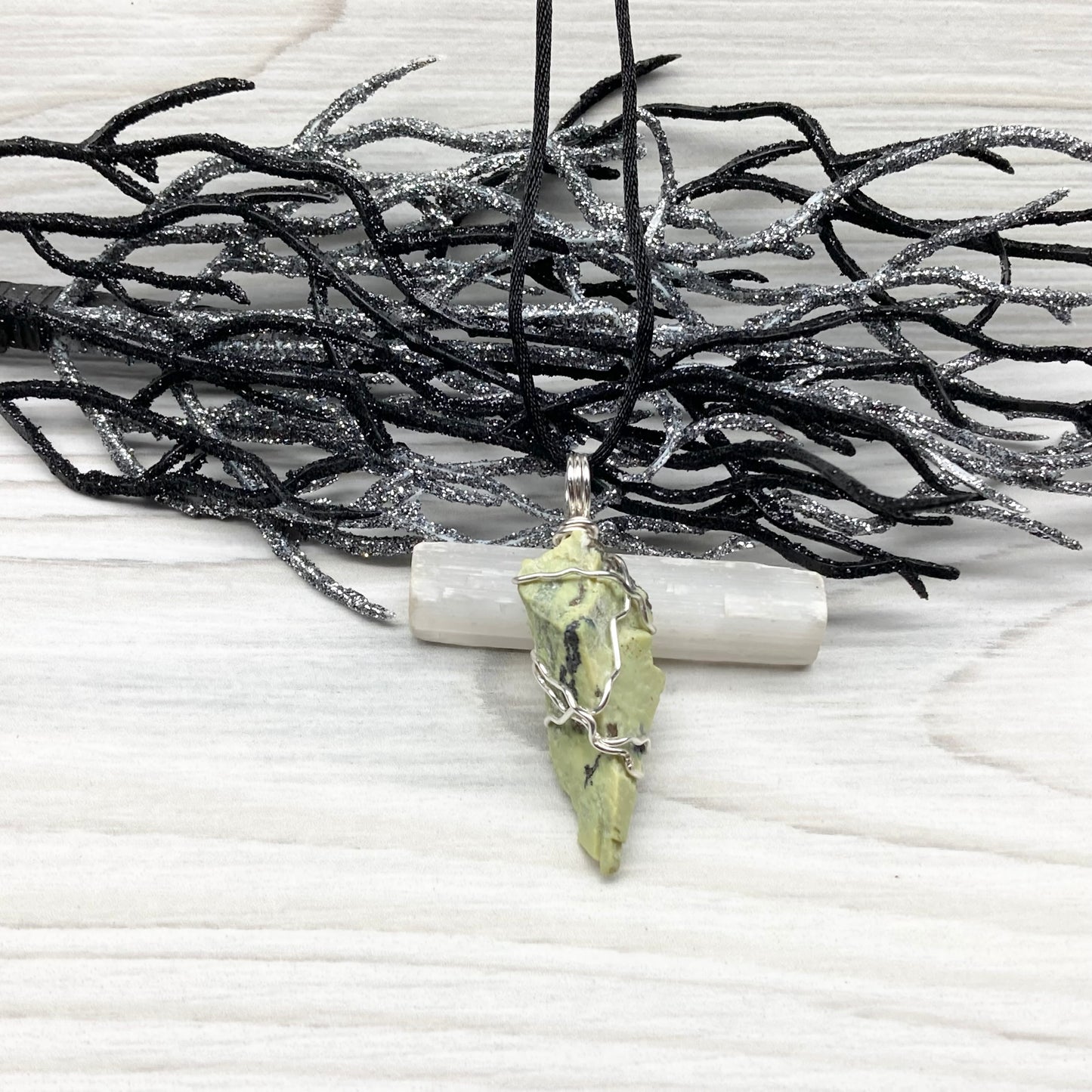 Serpentine necklace. Raw Serpentine wrapped with silver colored copper wire. Green crystal. Wire wrapped stone jewelry.
