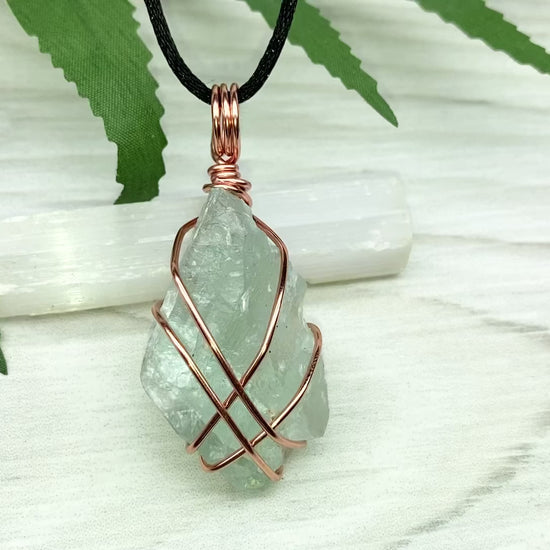 Raw Green Fluorite Crystal Necklace. This Stone Is Wrapped With Tarnish Resistant Copper Wire. Comes On A Black Lobster Clasp Chain.