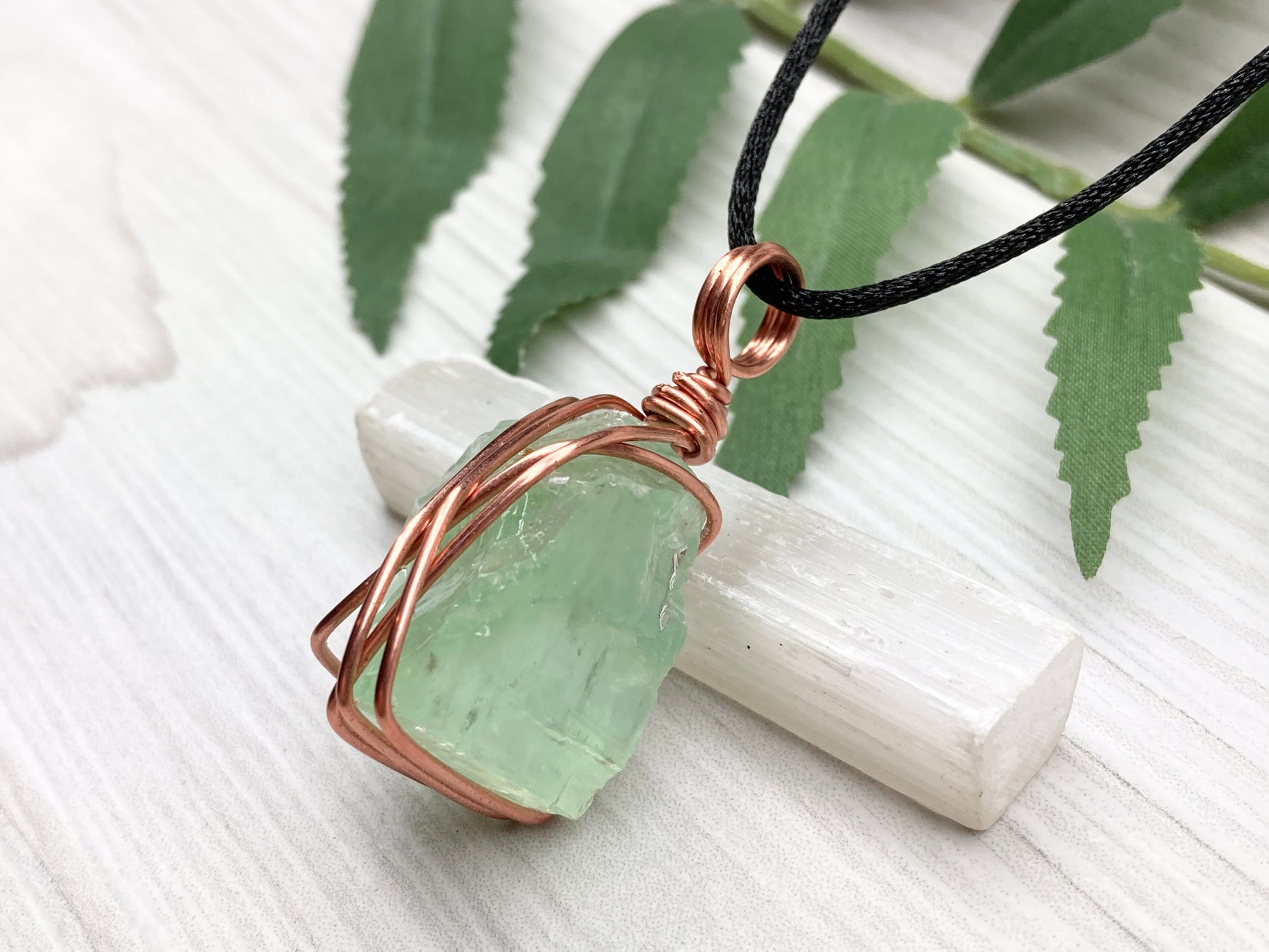 Green Calcite Necklace. Copper Wire Wrapped Stone Pendant. Raw Light Green Crystal. Comes On A Black Chain. Hand Crafted Metaphysical Jewelry For Him Or Her.