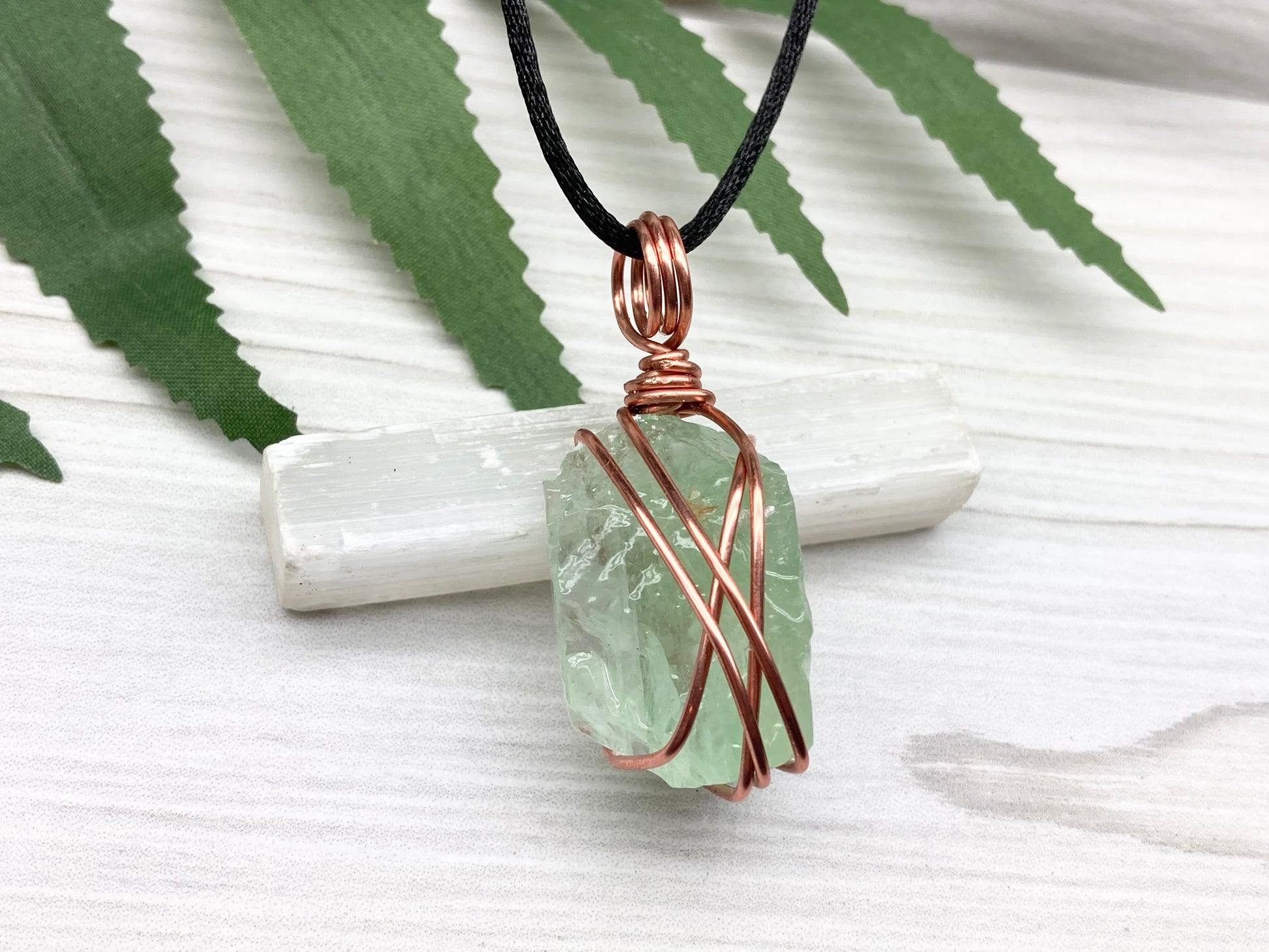 Green Calcite Necklace. Copper Wire Wrapped Stone Pendant. Raw Light Green Crystal. Comes On A Black Chain. Hand Crafted Metaphysical Jewelry For Him Or Her.