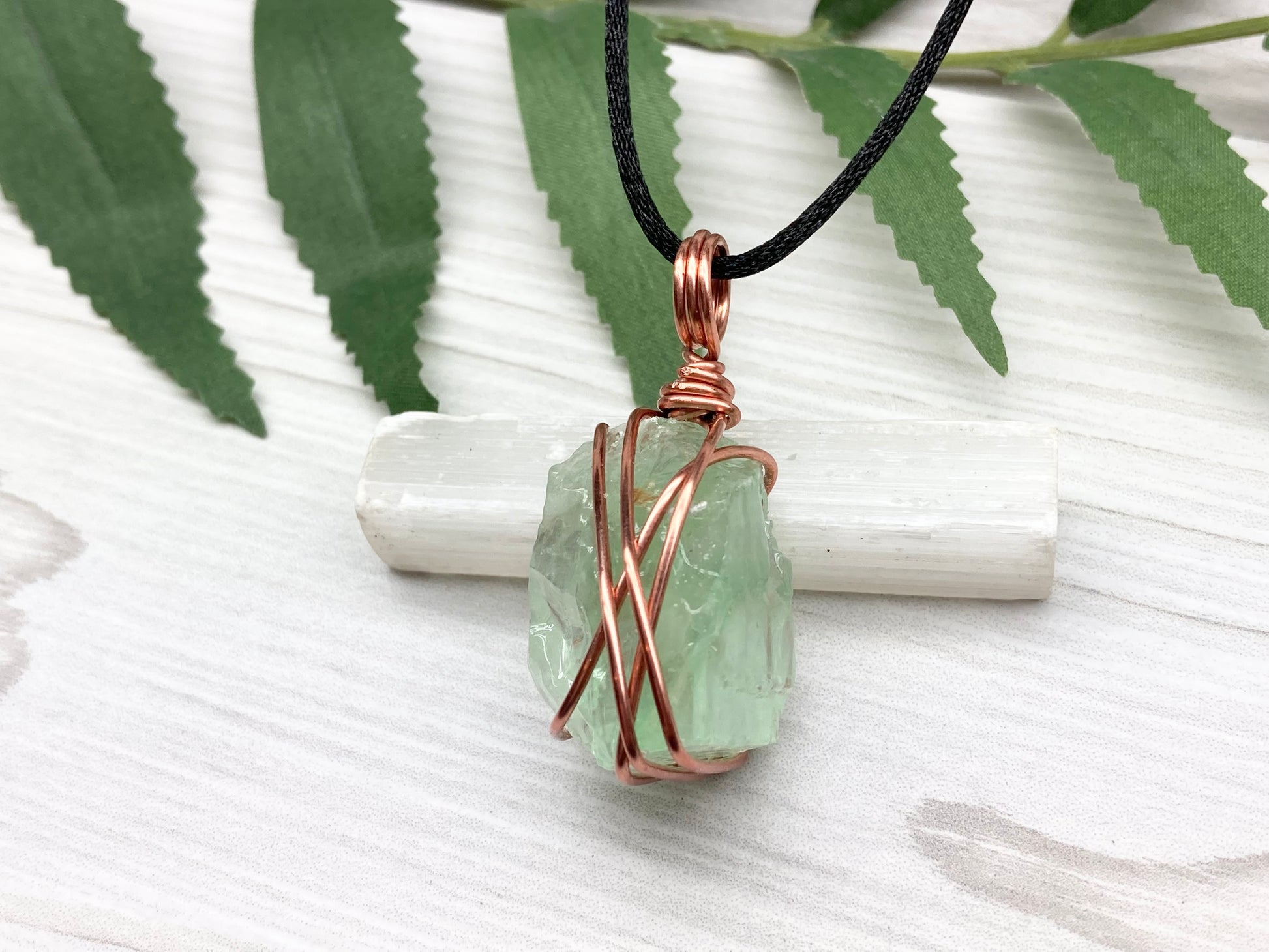 Green Calcite Necklace. Copper Wire Wrapped Stone Pendant. Raw Light Green Crystal. Comes On A Black Chain. Hand Crafted Metaphysical Jewelry For Him Or Her.