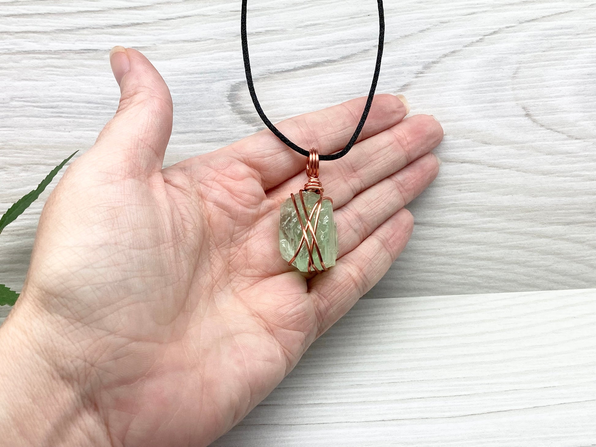 Green Calcite Necklace. Copper Wire Wrapped Stone Pendant. Raw Light Green Crystal. Comes On A Black Chain. Hand Crafted Metaphysical Jewelry For Him Or Her.