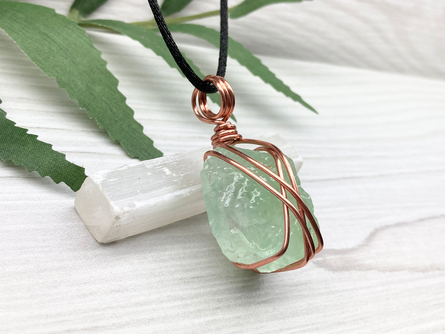 Green Calcite Necklace. Copper Wire Wrapped Stone Pendant. Raw Light Green Crystal. Comes On A Black Chain. Hand Crafted Metaphysical Jewelry For Him Or Her.