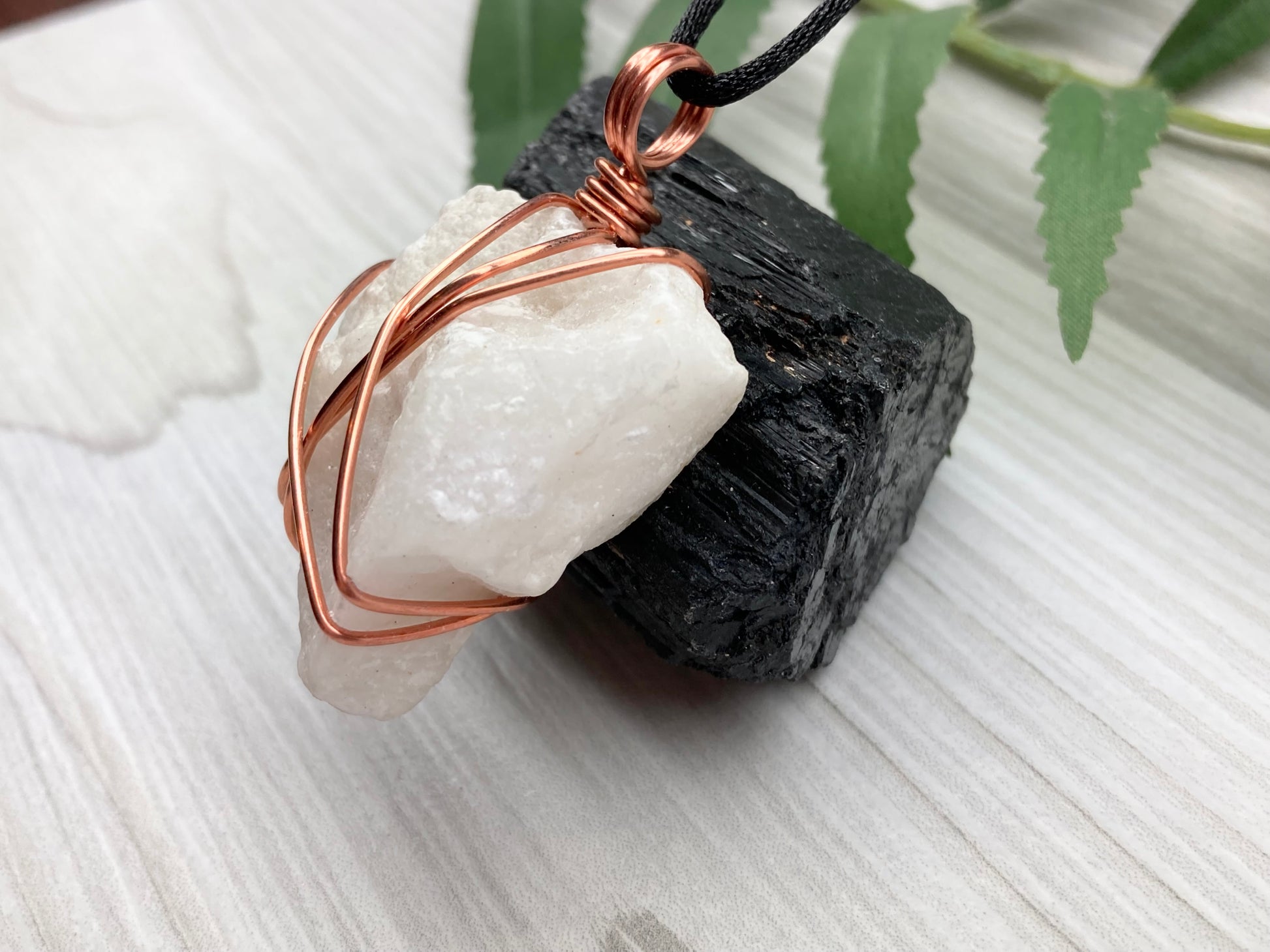 Raw White Onyx Necklace. Rough White Onyx Crystal Wrapped With Copper Wire. Pendant Comes On A Black Lobster Clasp Chain. 