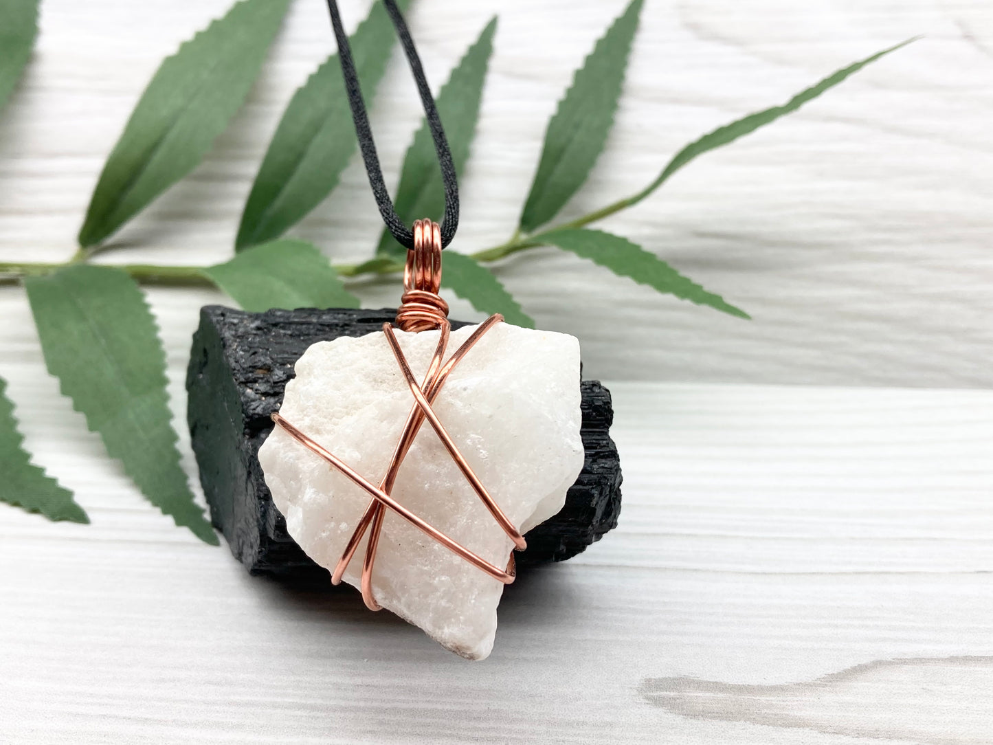 Raw White Onyx Necklace. Rough White Onyx Crystal Wrapped With Copper Wire. Pendant Comes On A Black Lobster Clasp Chain. 