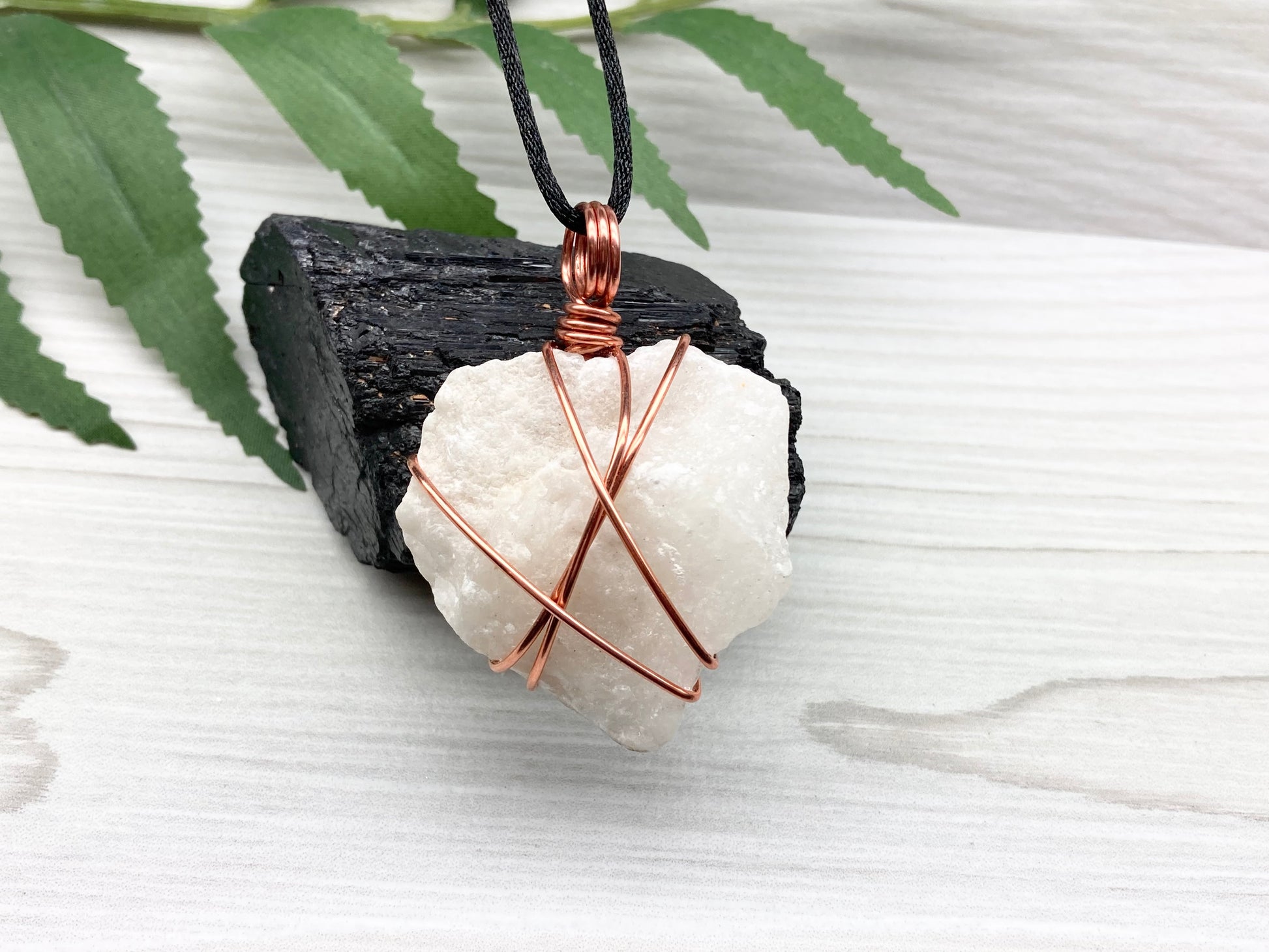 Raw White Onyx Necklace. Rough White Onyx Crystal Wrapped With Copper Wire. Pendant Comes On A Black Lobster Clasp Chain. 