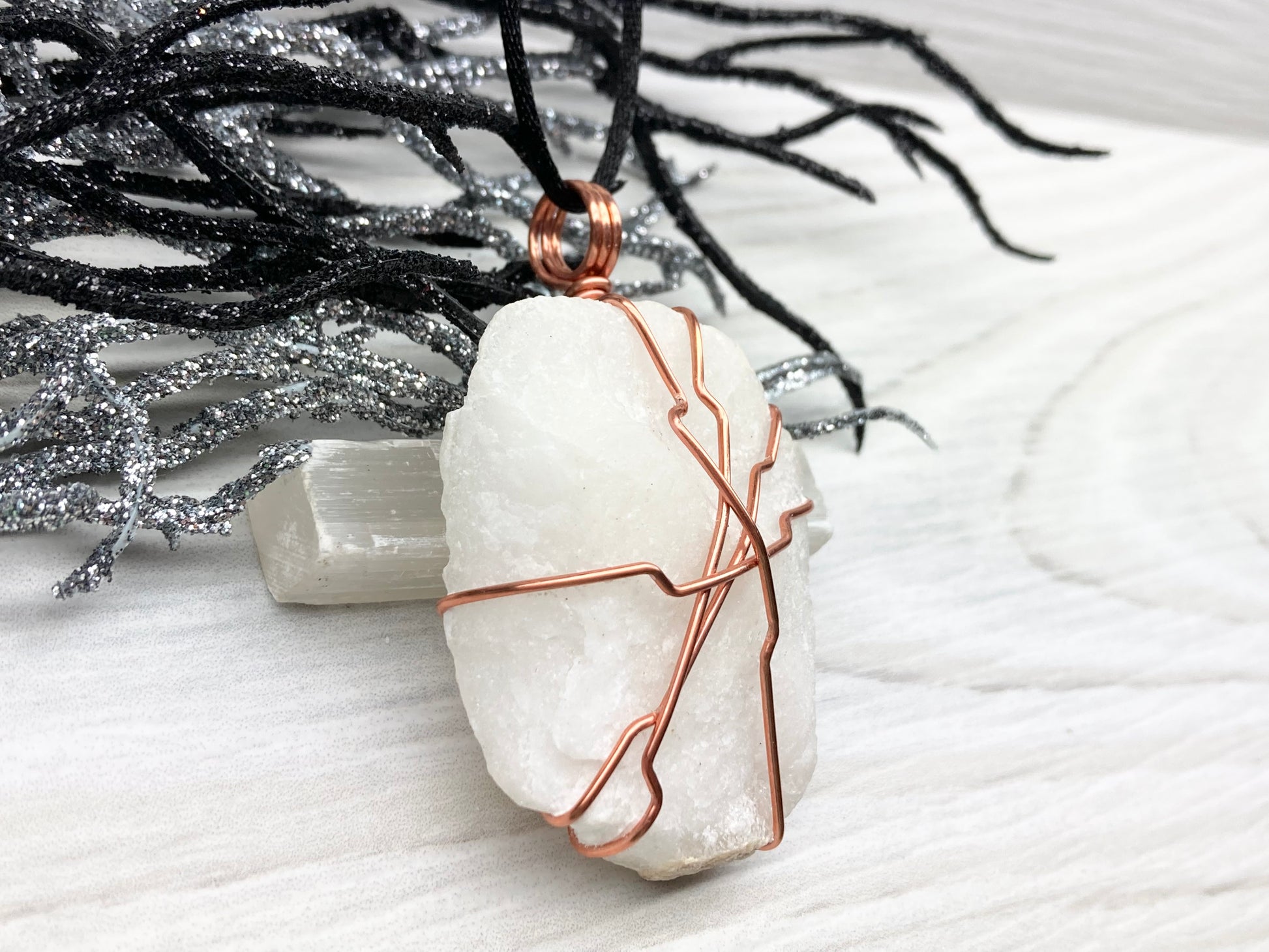Raw White Onyx Necklace. Rough White Onyx Crystal Wrapped With Copper Wire. Pendant Comes On A Black Lobster Clasp Chain. 