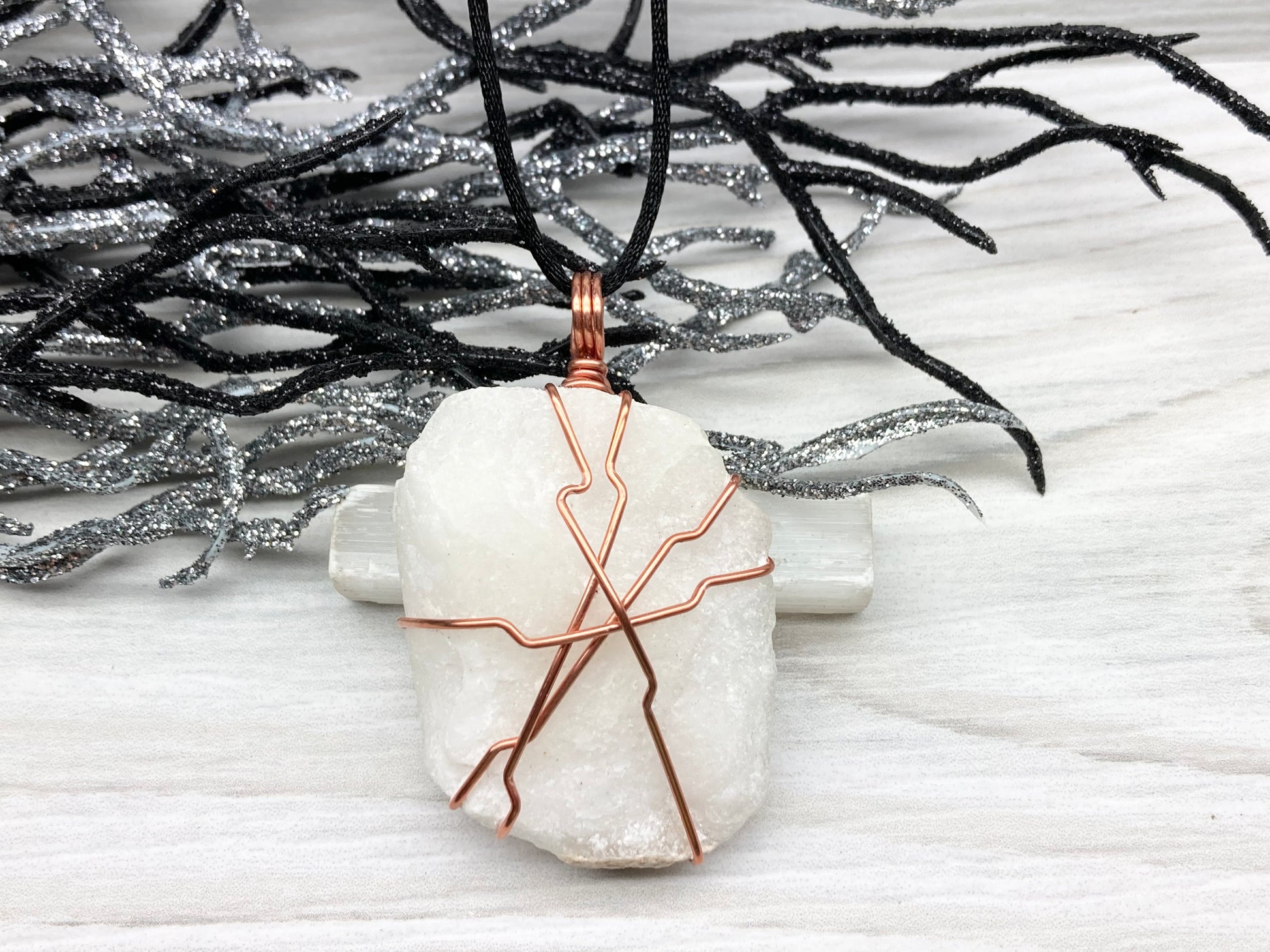 Raw White Onyx Necklace. Rough White Onyx Crystal Wrapped With Copper Wire. Pendant Comes On A Black Lobster Clasp Chain. 
