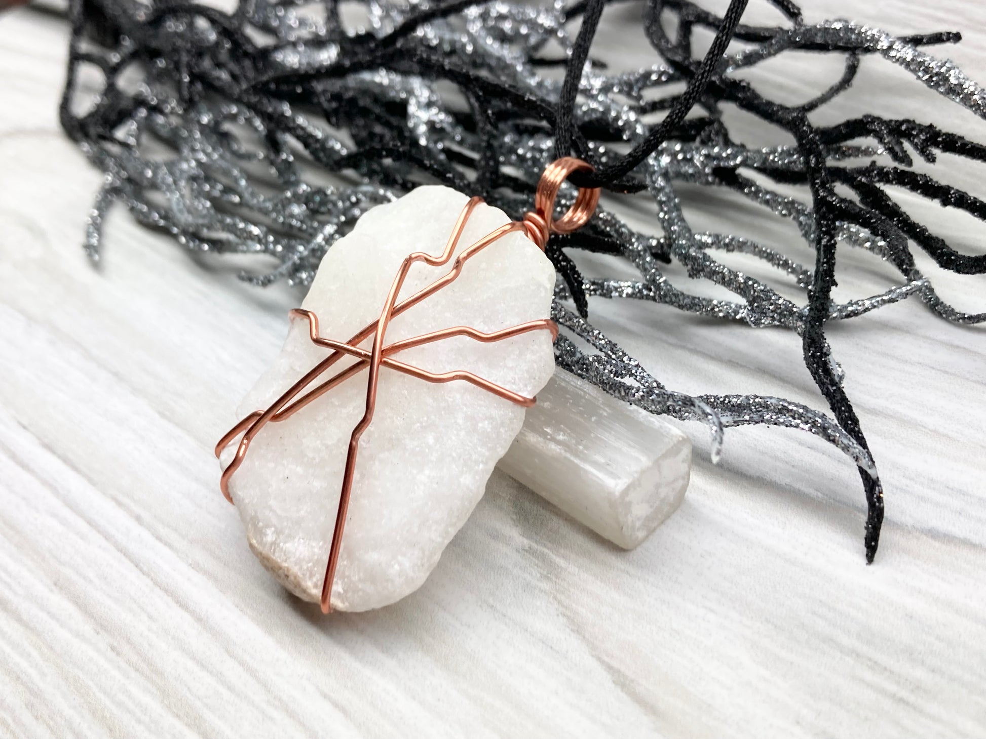 Raw White Onyx Necklace. Rough White Onyx Crystal Wrapped With Copper Wire. Pendant Comes On A Black Lobster Clasp Chain. 