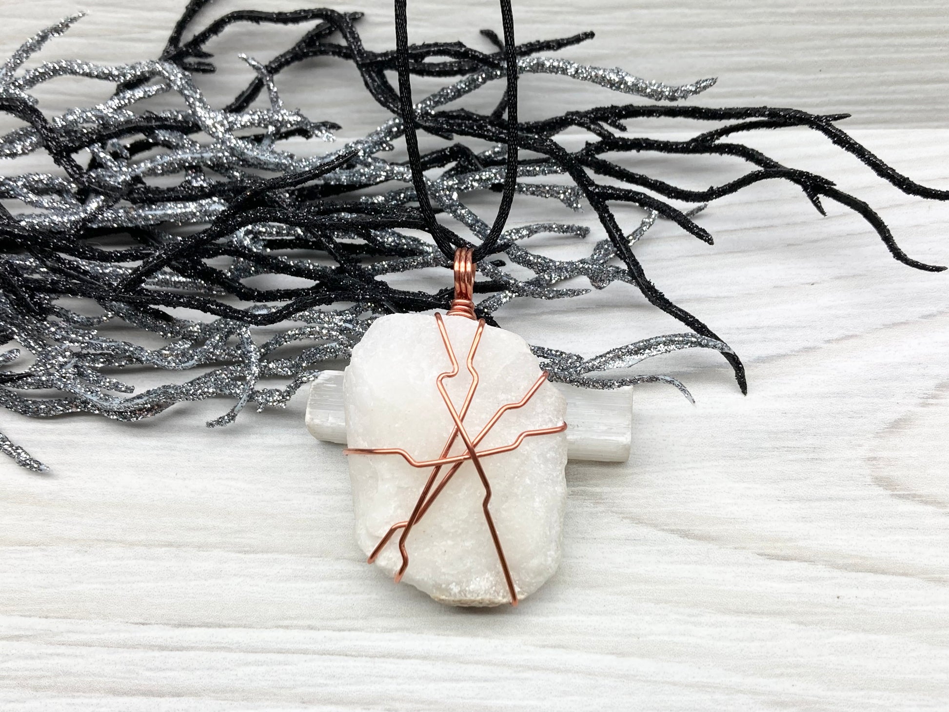 Raw White Onyx Necklace. Rough White Onyx Crystal Wrapped With Copper Wire. Pendant Comes On A Black Lobster Clasp Chain. 