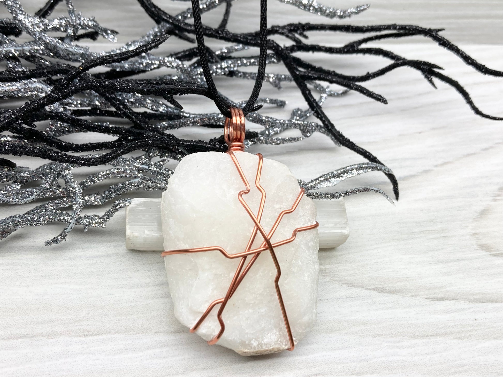 Raw White Onyx Necklace. Rough White Onyx Crystal Wrapped With Copper Wire. Pendant Comes On A Black Lobster Clasp Chain. 