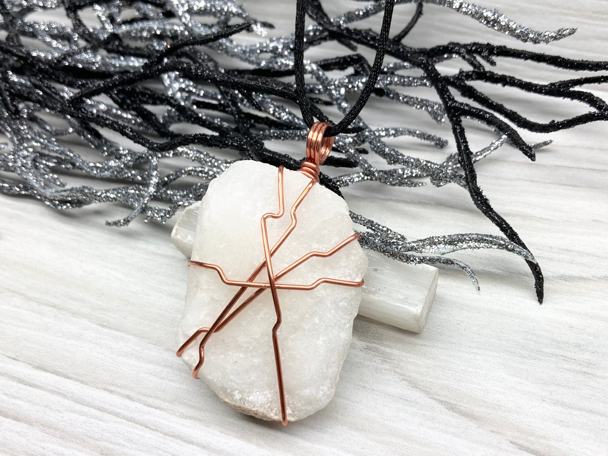 Raw White Onyx Necklace. Rough White Onyx Crystal Wrapped With Copper Wire. Pendant Comes On A Black Lobster Clasp Chain. 