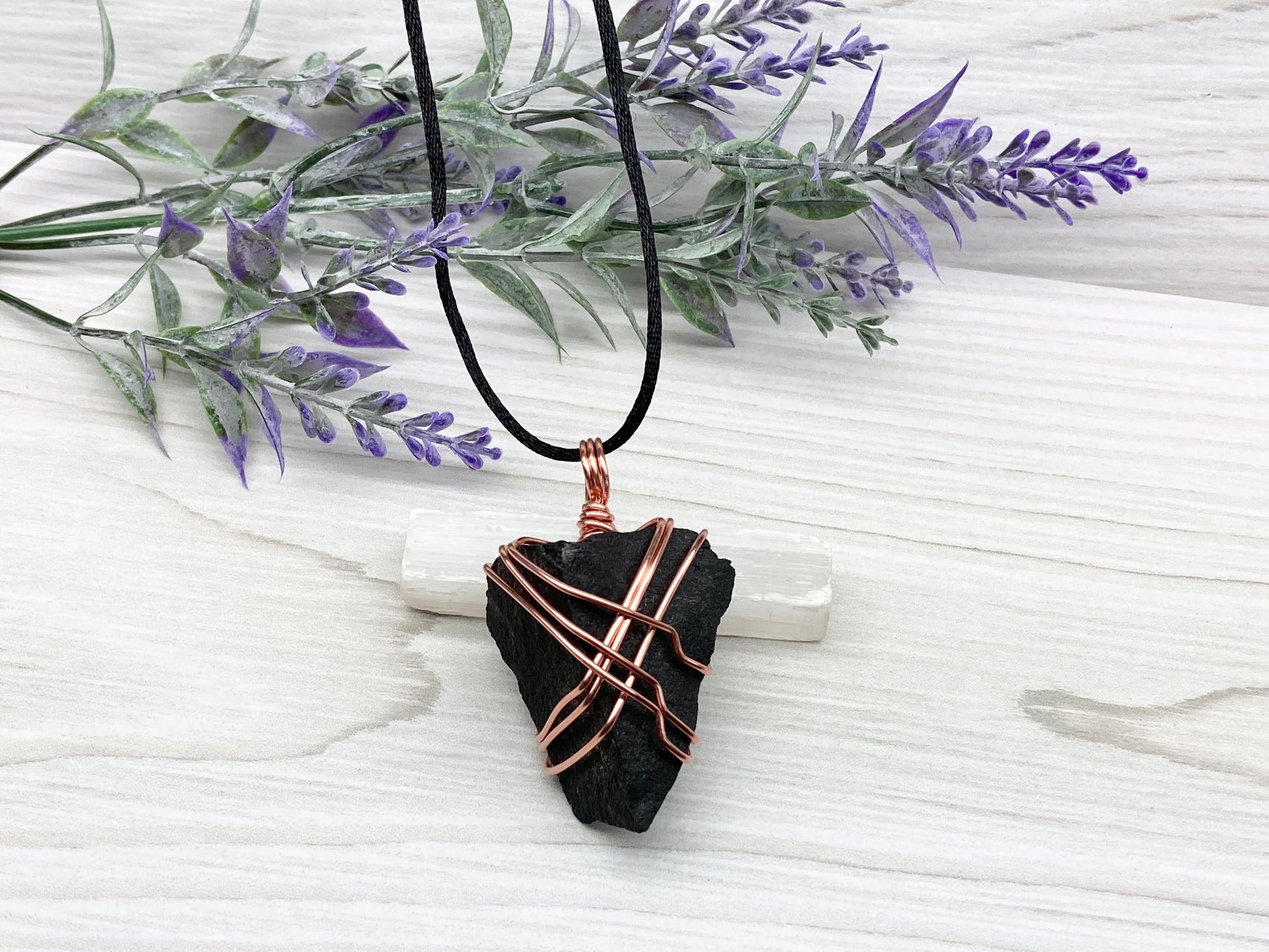 Raw Black Agate necklace. Copper Wire Wrapped Pendant