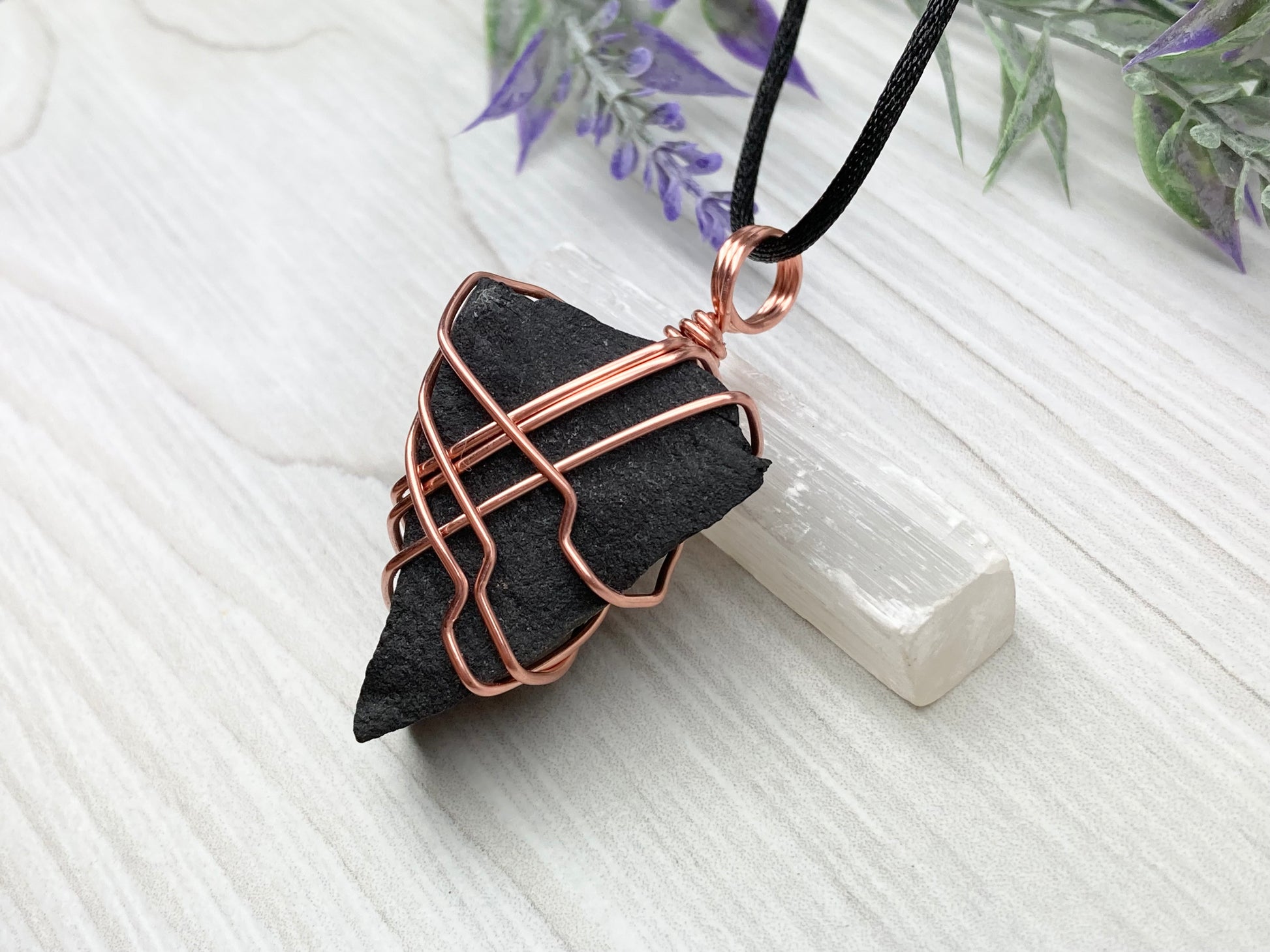 Raw Black Agate necklace. Copper Wire Wrapped Pendant