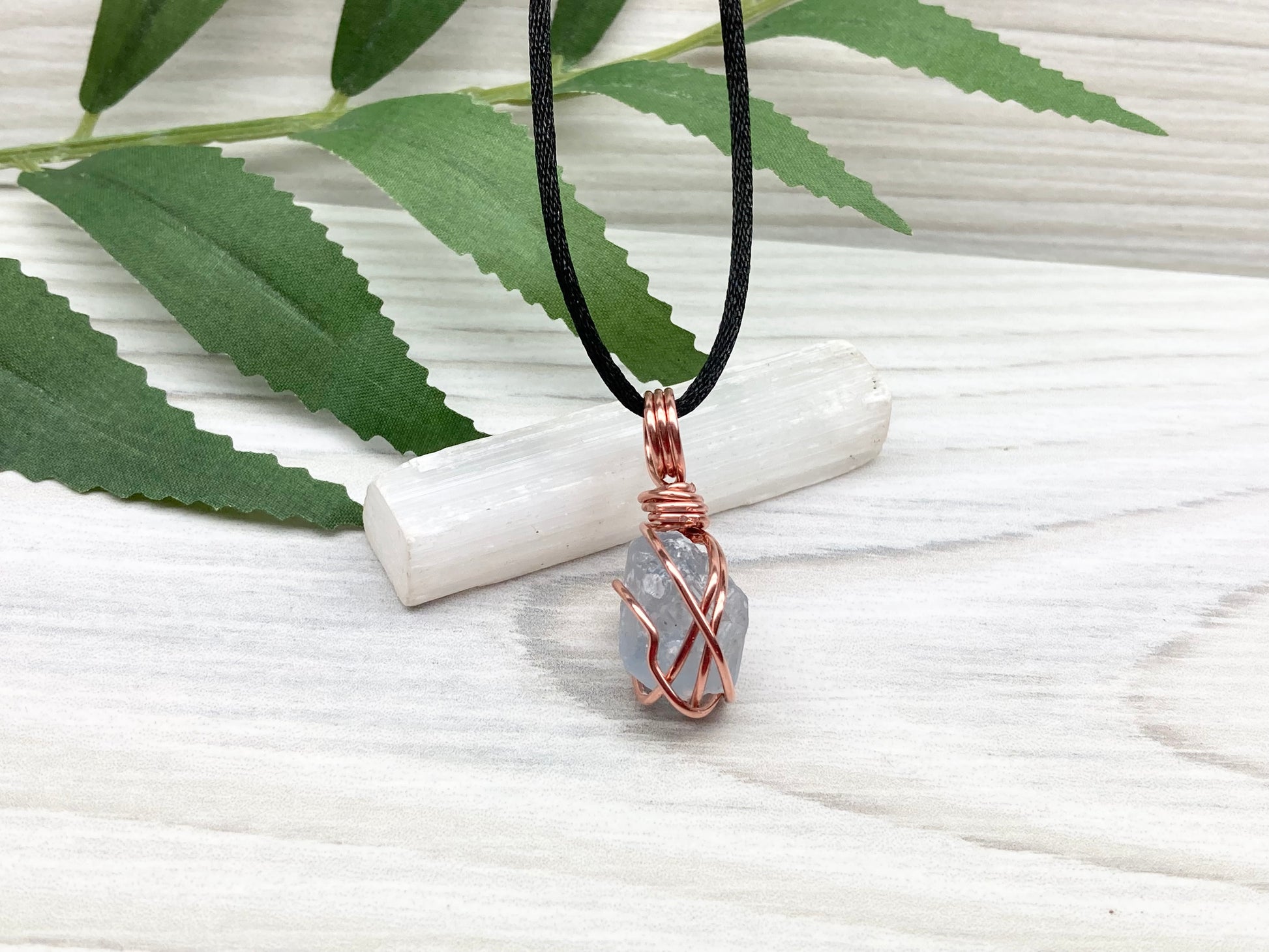 Celestite Crystal Necklace. Raw Stone Pendant. Copper Wire Wrapped Dainty Gemstone. Scorpio Zodiac Handmade Jewelry. Comes On A Black Chain.