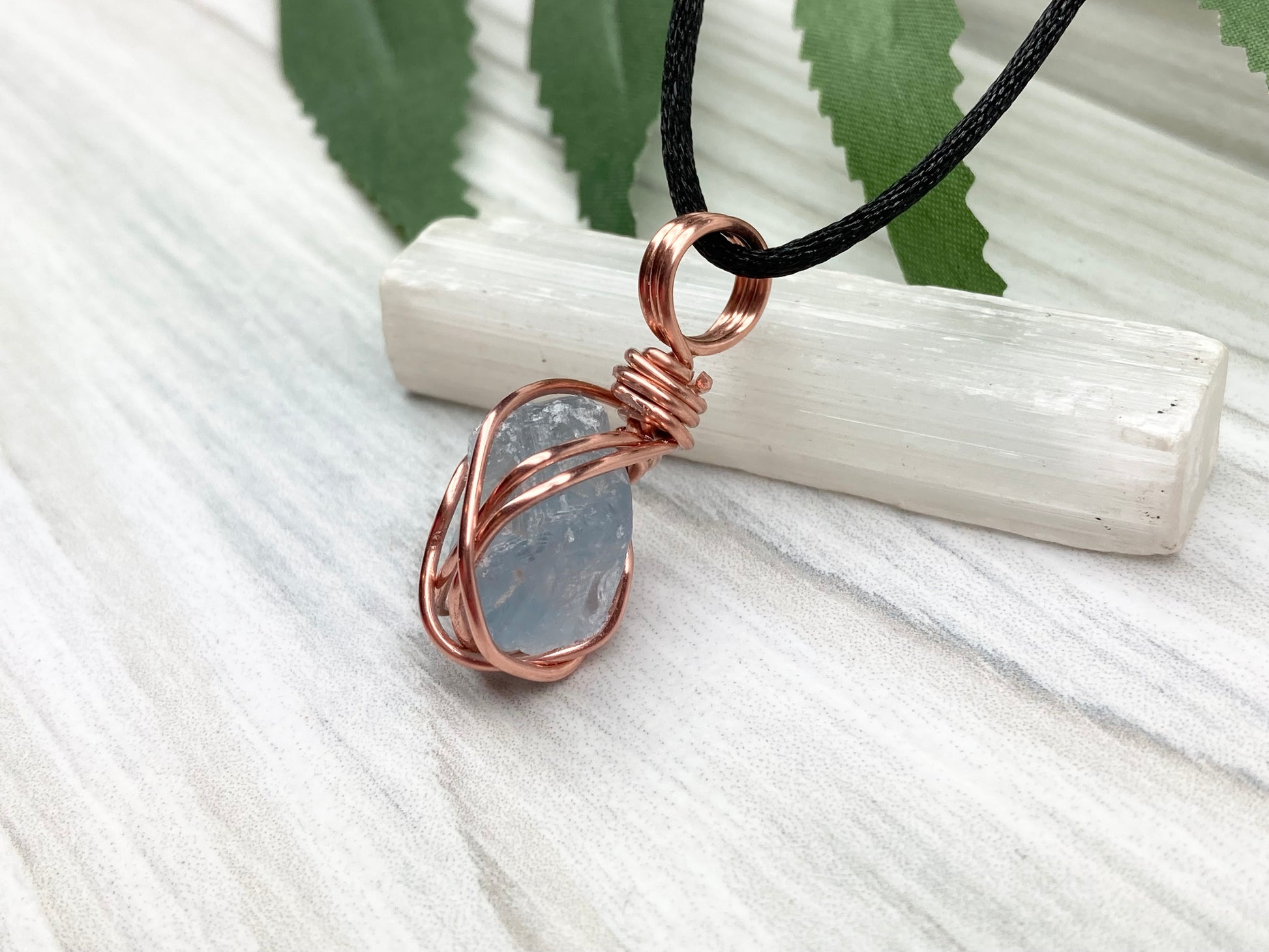 Celestite Crystal Necklace. Raw Stone Pendant. Copper Wire Wrapped Dainty Gemstone. Scorpio Zodiac Handmade Jewelry. Comes On A Black Chain.
