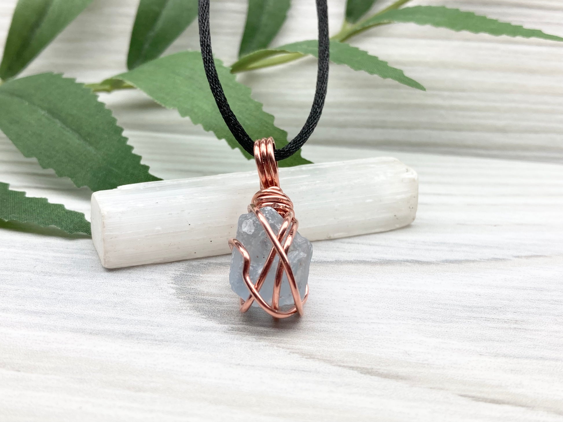 Celestite Crystal Necklace. Raw Stone Pendant. Copper Wire Wrapped Dainty Gemstone. Scorpio Zodiac Handmade Jewelry. Comes On A Black Chain.