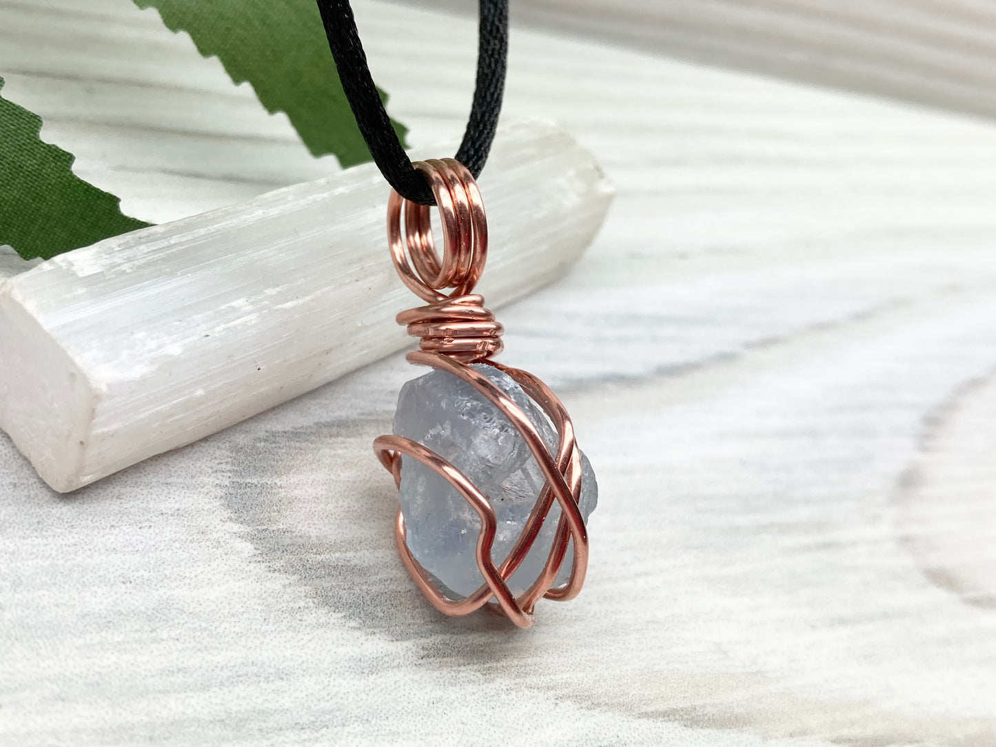 Celestite Crystal Necklace. Raw Stone Pendant. Copper Wire Wrapped Dainty Gemstone. Scorpio Zodiac Handmade Jewelry. Comes On A Black Chain.