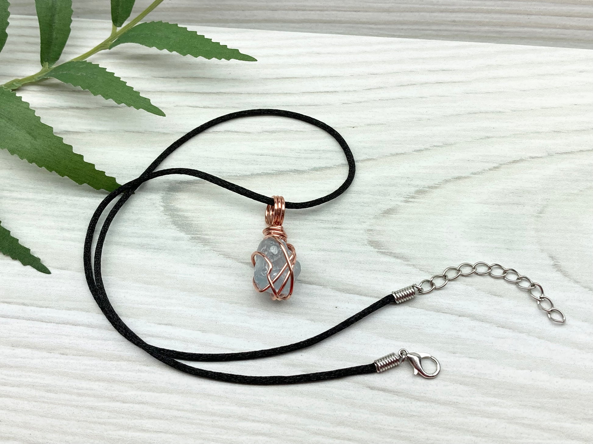 Celestite Crystal Necklace. Raw Stone Pendant. Copper Wire Wrapped Dainty Gemstone. Scorpio Zodiac Handmade Jewelry. Comes On A Black Chain.