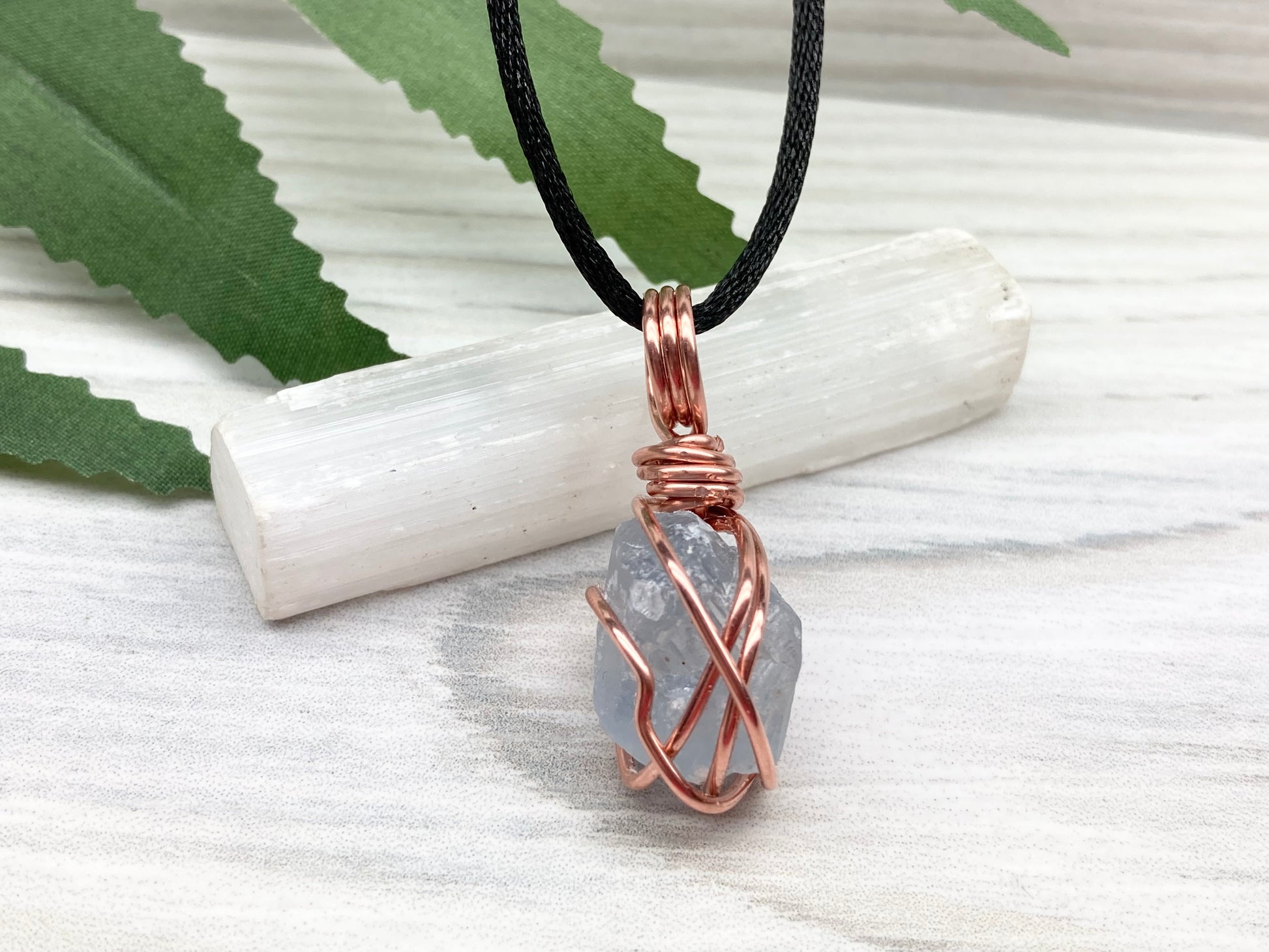 Celestite Crystal Necklace. Raw Stone Pendant. Copper Wire Wrapped Dainty Gemstone. Scorpio Zodiac Handmade Jewelry. Comes On A Black Chain.