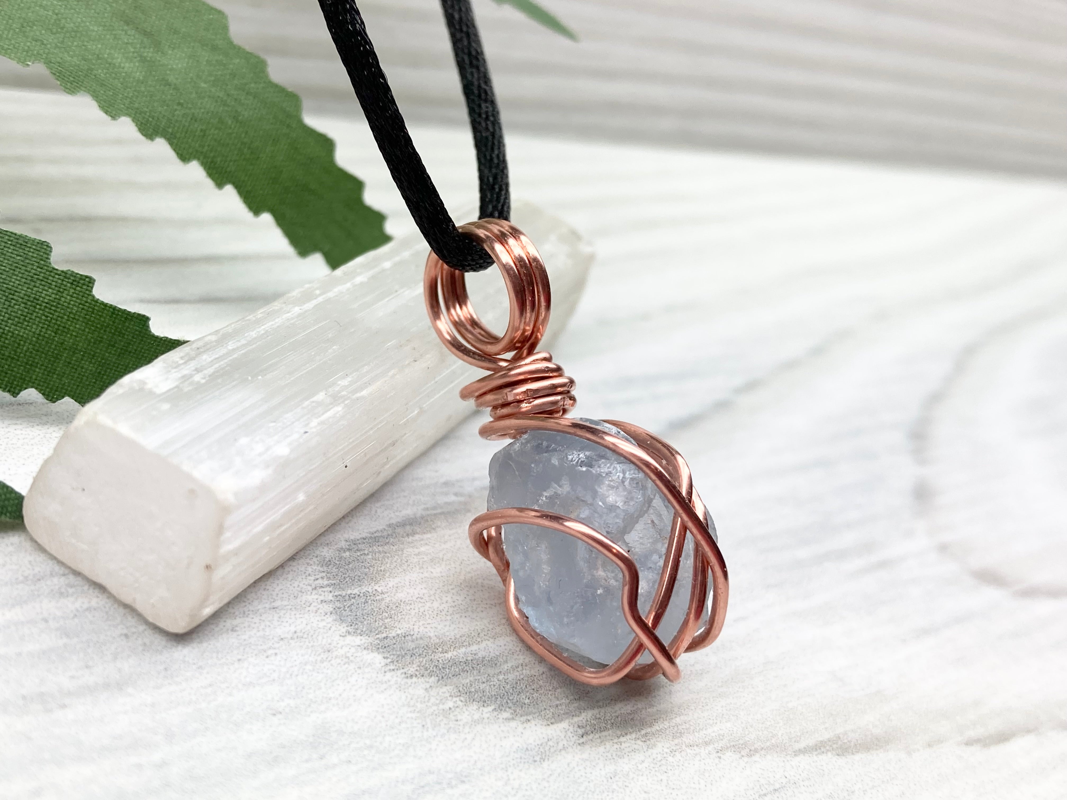 Amazon.com: Copper Wire Wrapped Raw Blue Celestite Crystal Pendant Necklace,  Swirl Design, Comes With 20