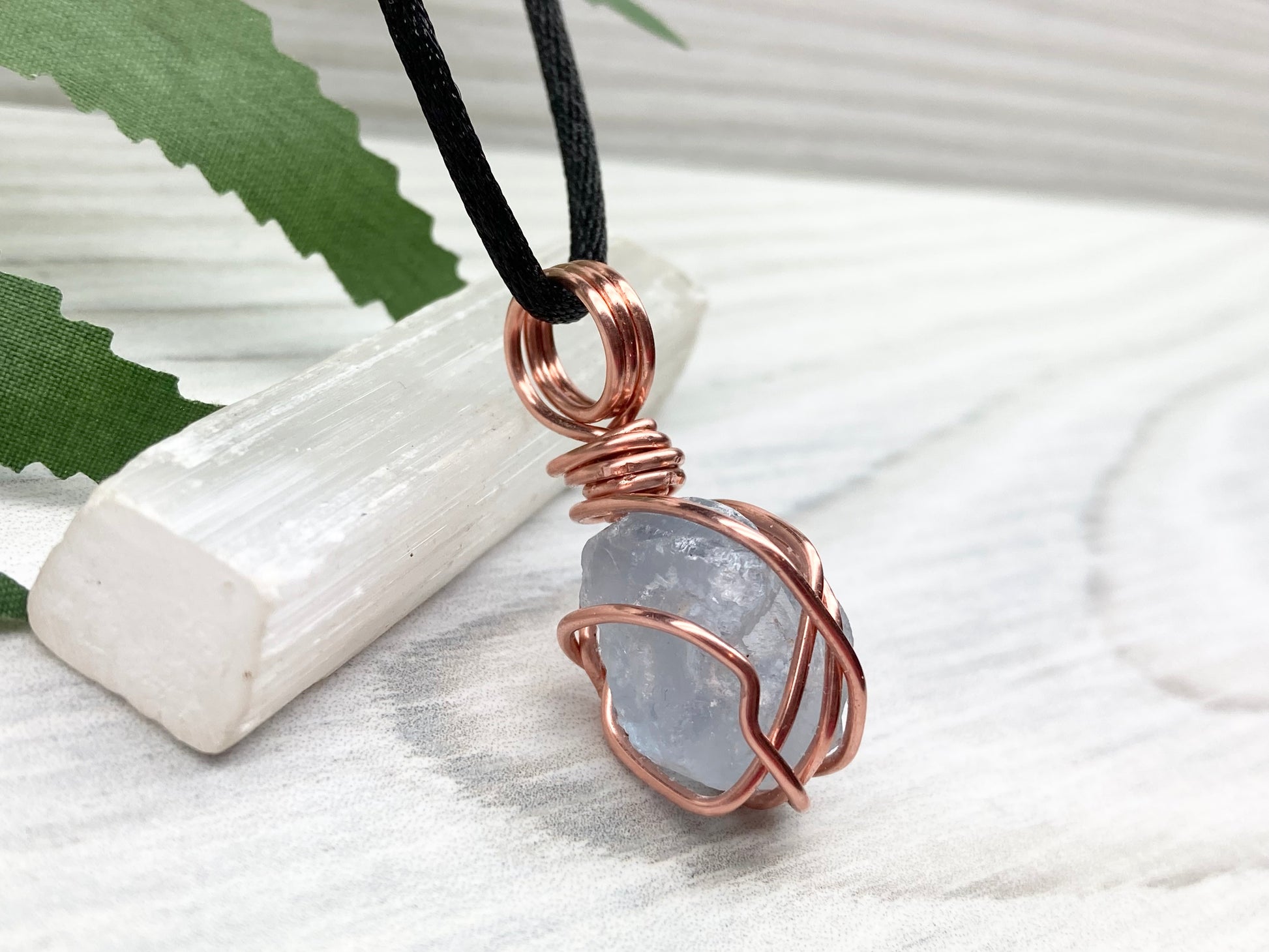 Celestite Crystal Necklace. Raw Stone Pendant. Copper Wire Wrapped Dainty Gemstone. Scorpio Zodiac Handmade Jewelry. Comes On A Black Chain.