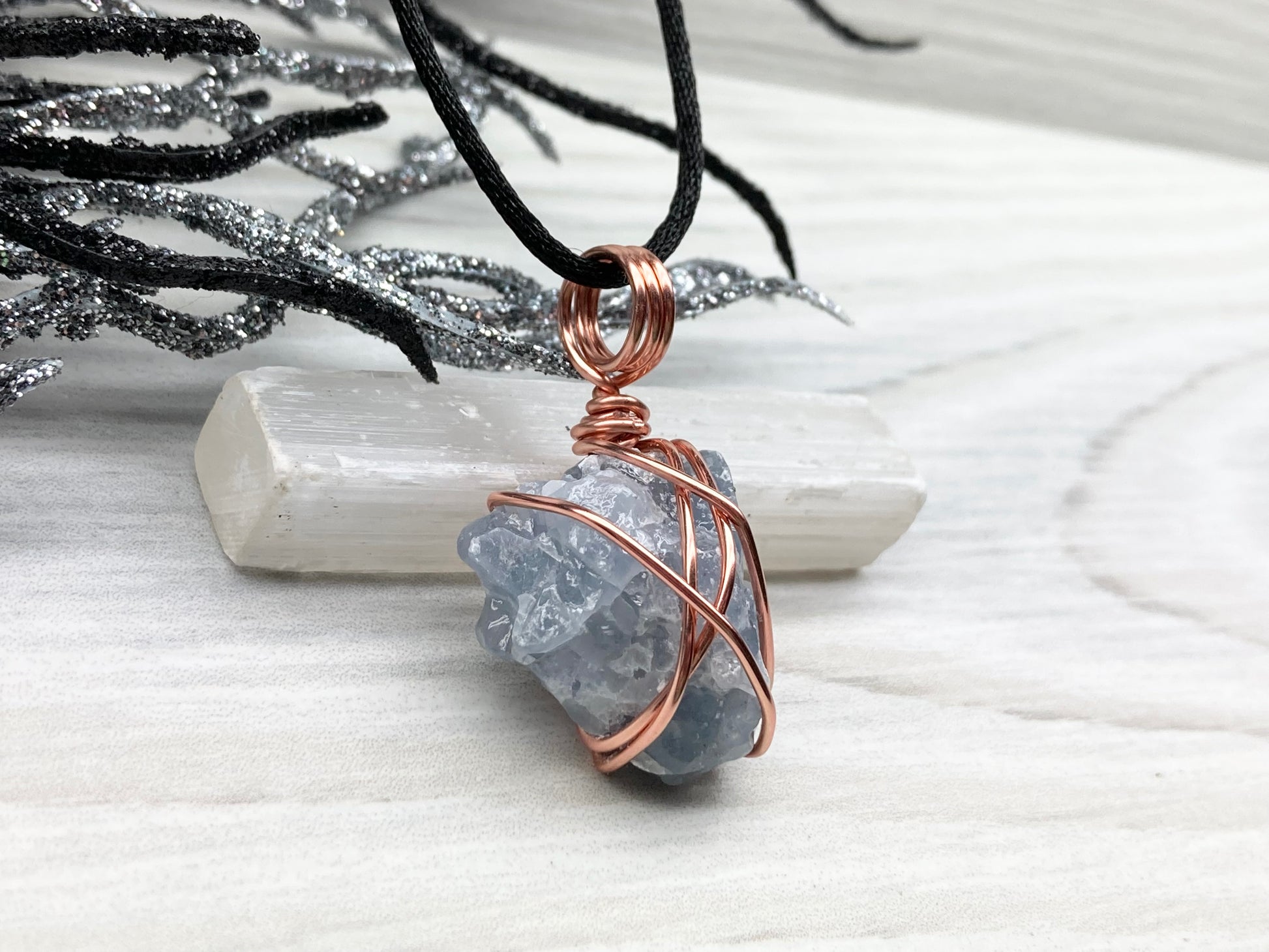 Blue Calcite Necklace, Copper Wrapped Raw Crystal Pendant – solsticewaves