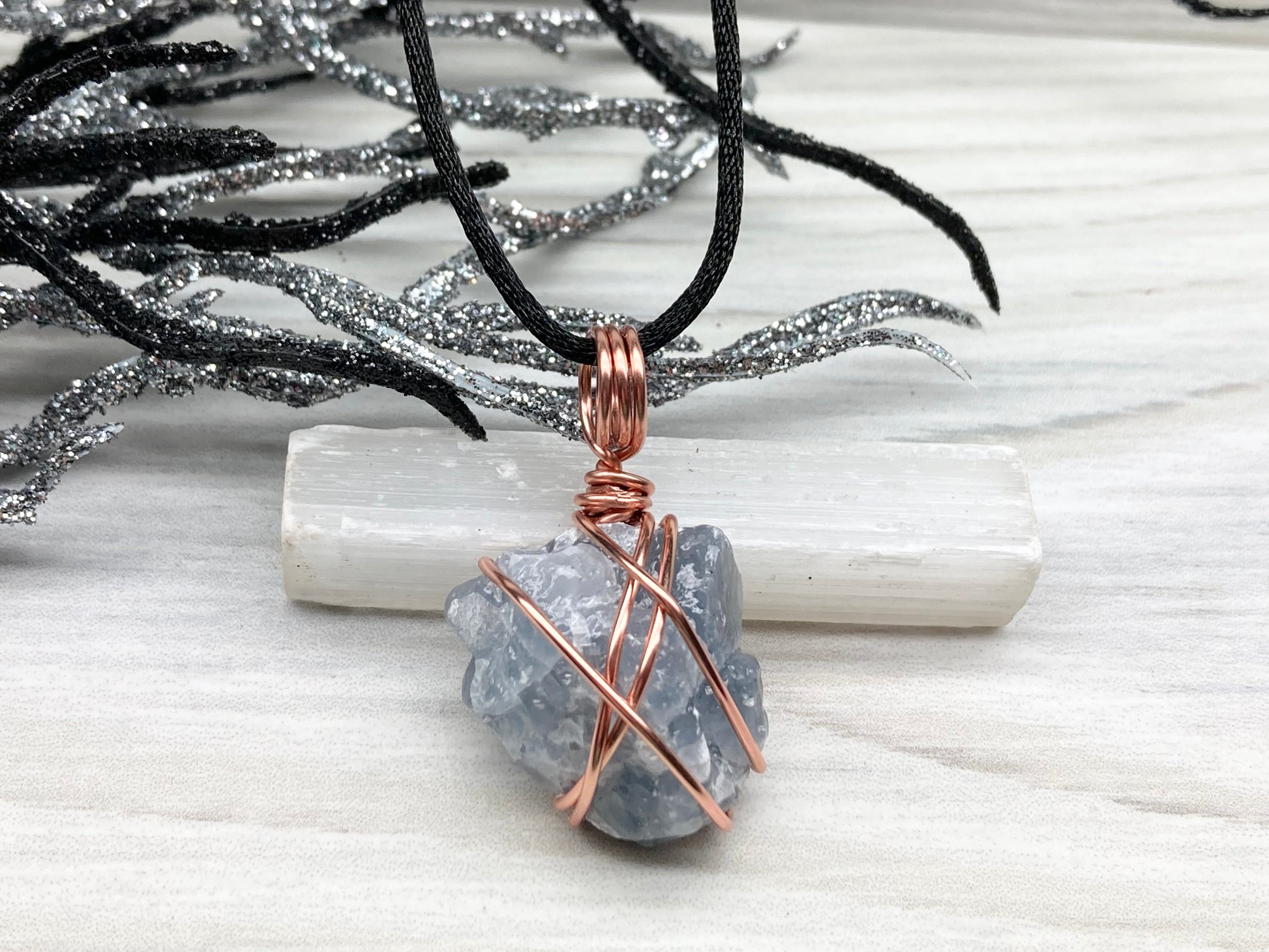 Raw Blue Calcite Necklace. Rough Natural Blue Crystal Copper Wrapped Pendant. Small Dainty Gemstone. Metaphysical New Age Style.