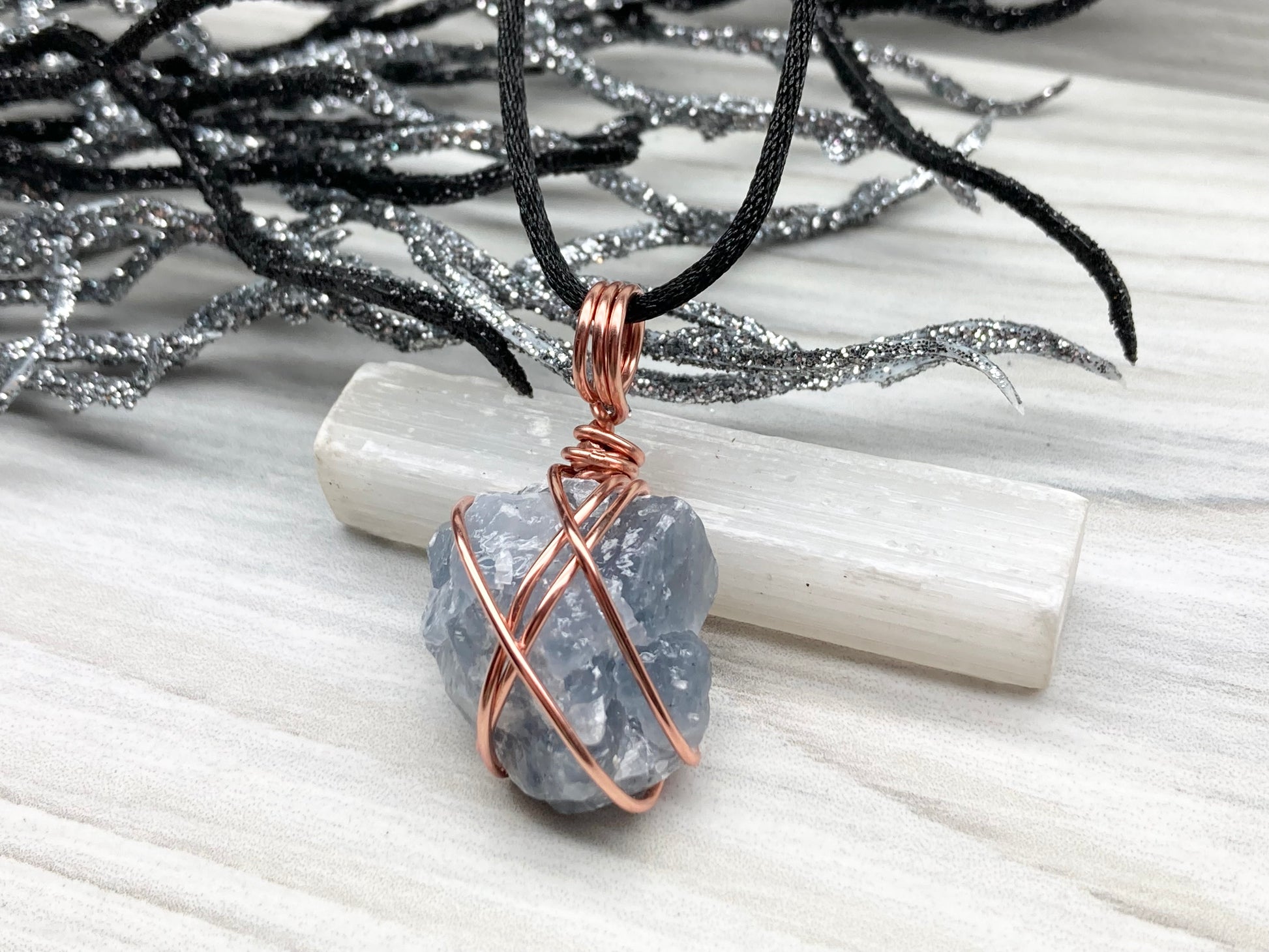 Blue Calcite Necklace, Copper Wrapped Raw Crystal Pendant – solsticewaves