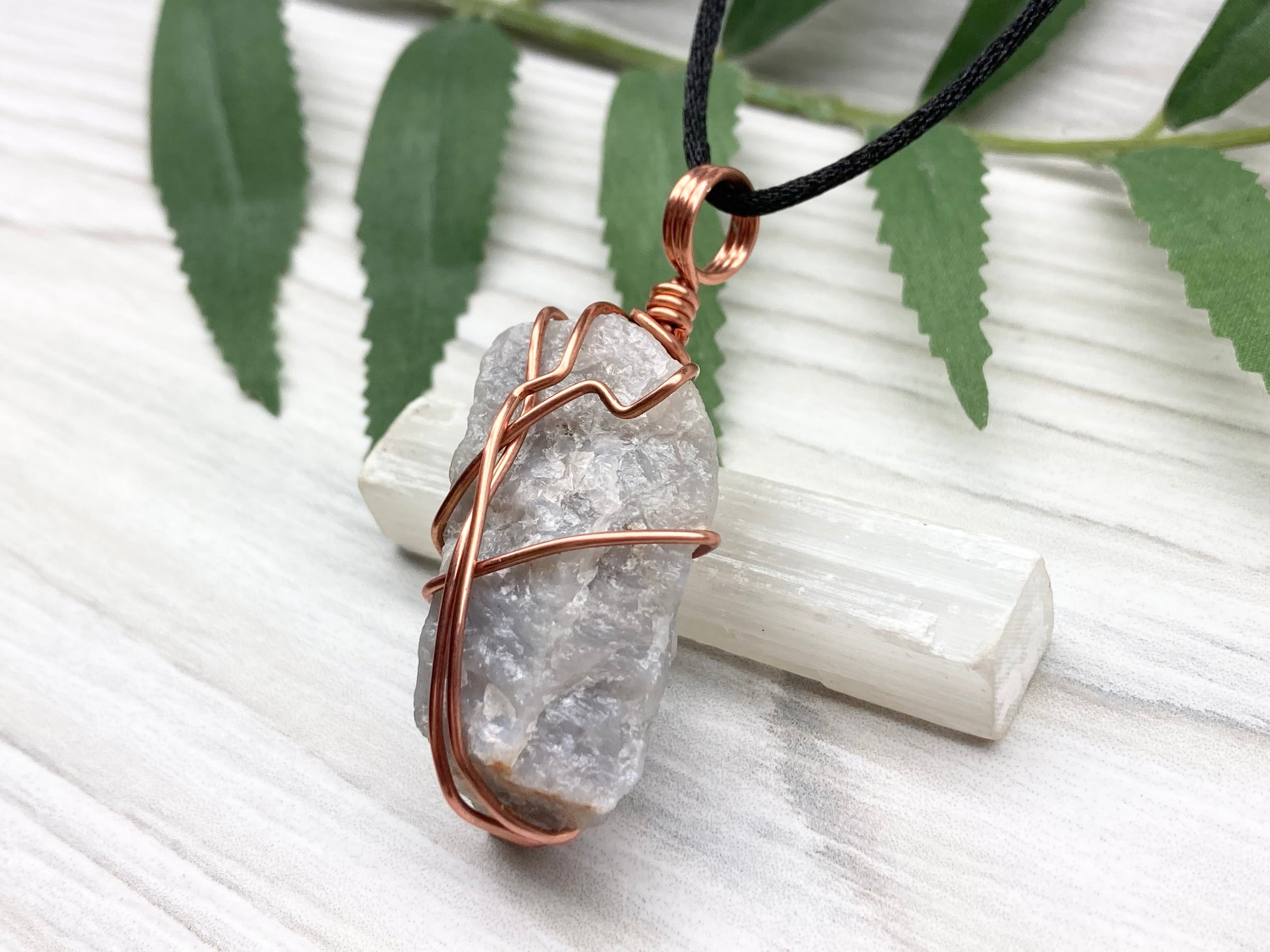 Blue Quartz Crystal Necklace. Light Blue Copper Wire Wrapped Stone. Rough Gemstone On A Black Chain. Throat Chakra Stone. New Age Spiritual Jewelry