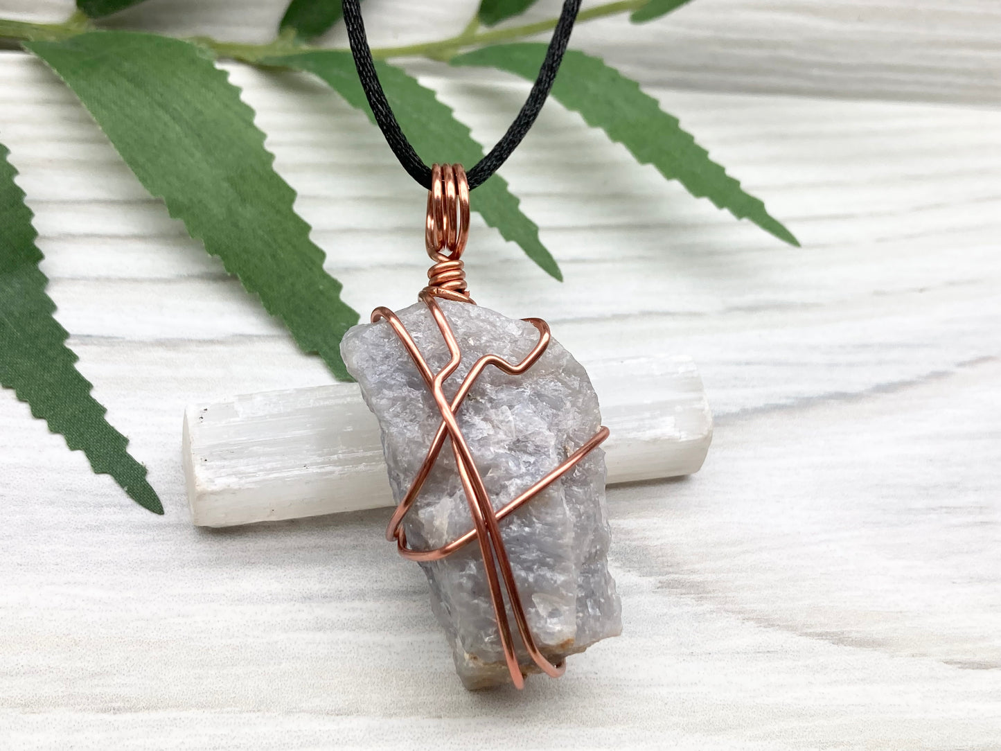 Blue Quartz Crystal Necklace. Light Blue Copper Wire Wrapped Stone. Rough Gemstone On A Black Chain. Throat Chakra Stone. New Age Spiritual Jewelry