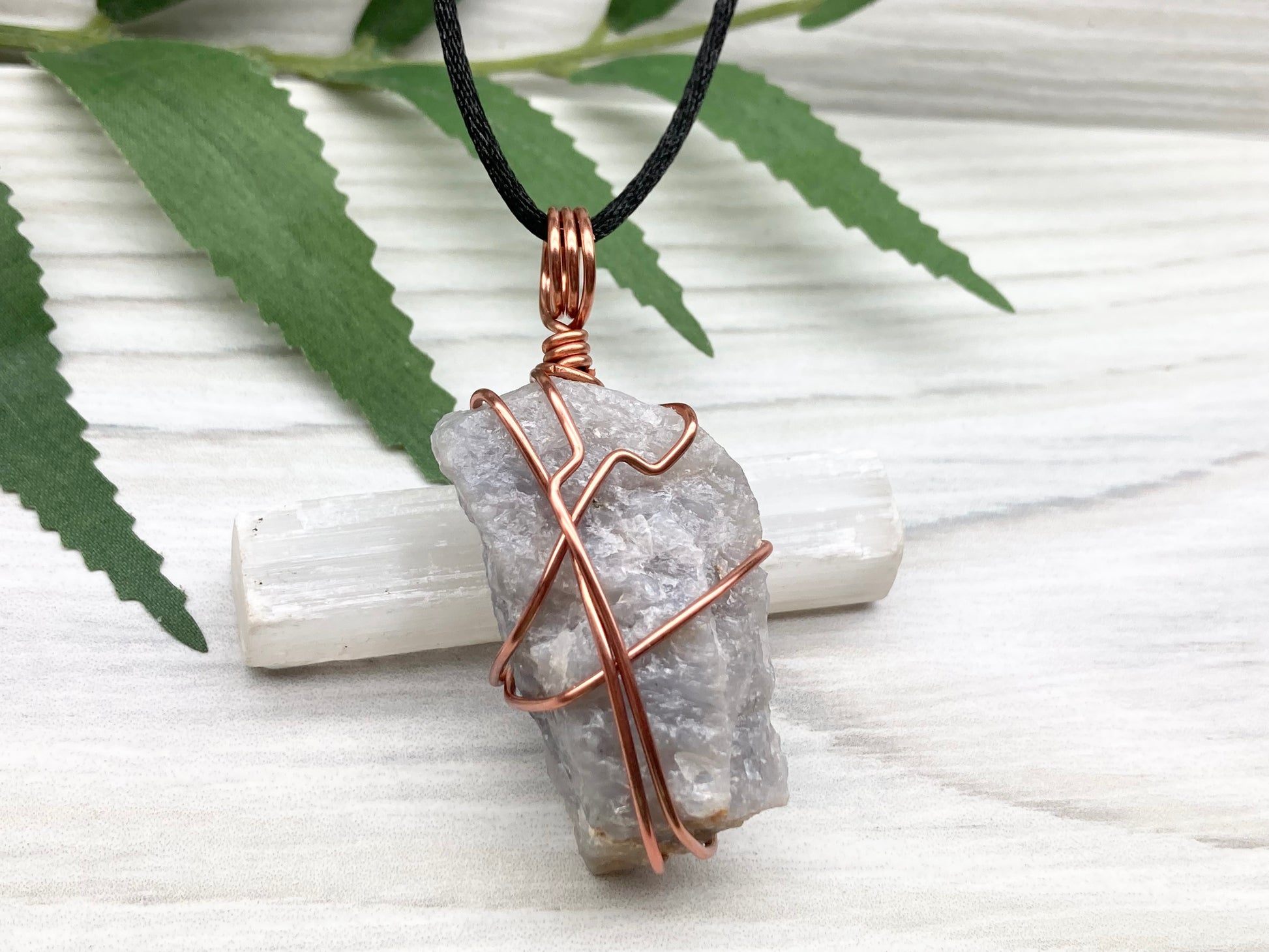Blue Quartz Crystal Necklace. Light Blue Copper Wire Wrapped Stone. Rough Gemstone On A Black Chain. Throat Chakra Stone. New Age Spiritual Jewelry