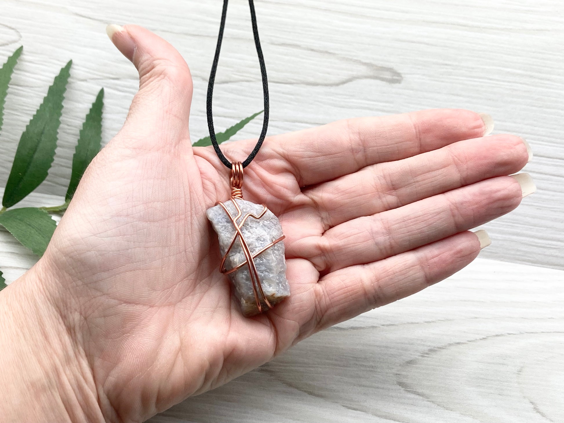 Blue Quartz Crystal Necklace. Light Blue Copper Wire Wrapped Stone. Rough Gemstone On A Black Chain. Throat Chakra Stone. New Age Spiritual Jewelry