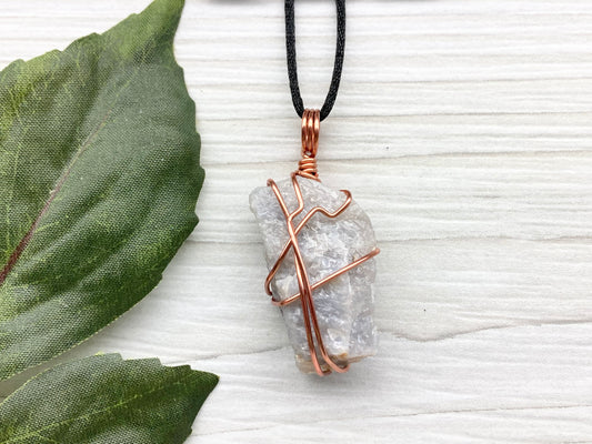 Blue Quartz Crystal Necklace. Light Blue Copper Wire Wrapped Stone. Rough Gemstone On A Black Chain. Throat Chakra Stone. New Age Spiritual Jewelry