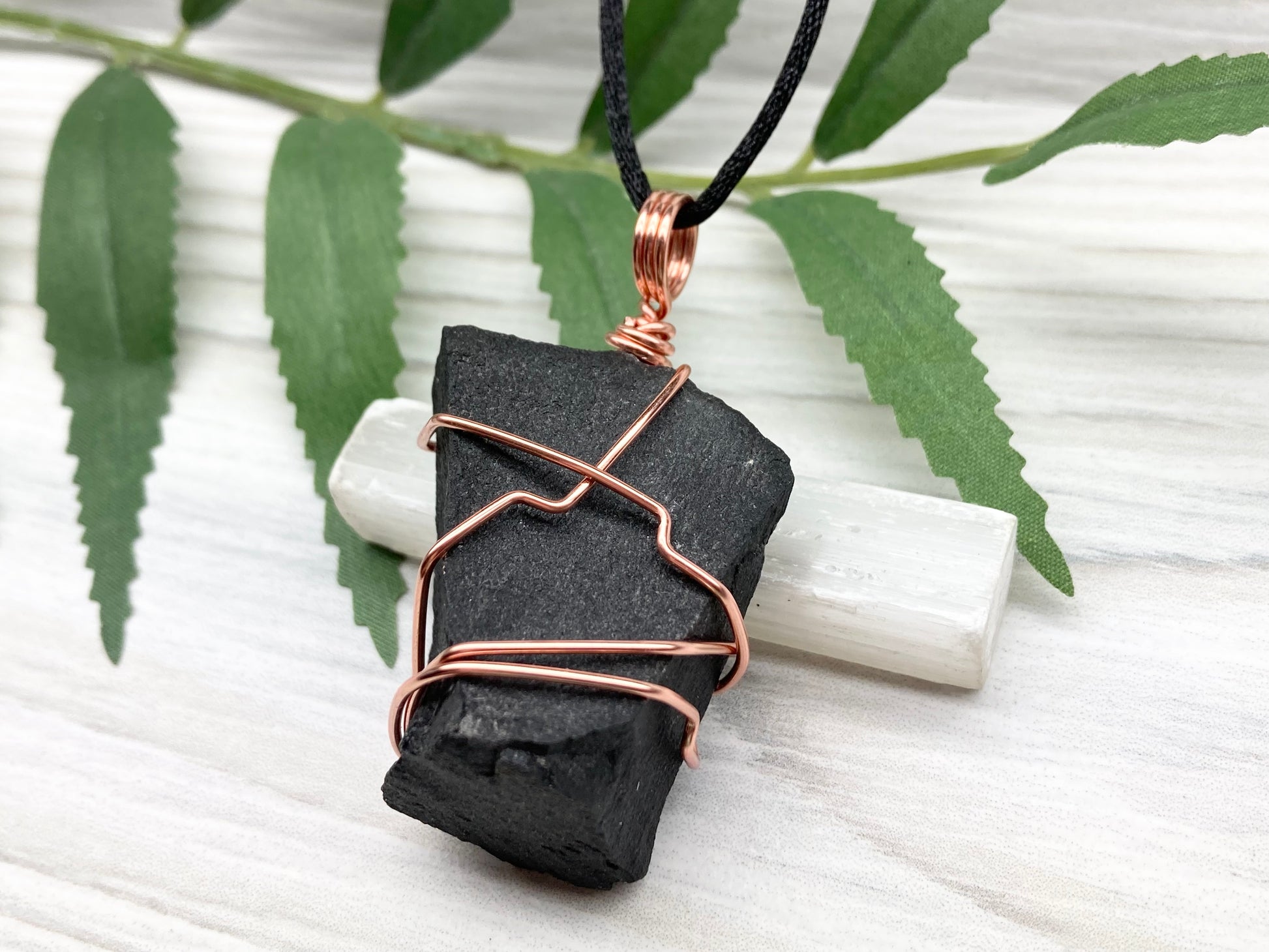 Black Agate Necklace. Raw Black Agate Stone Wrapped With Copper Wire. This pendant Is A Bit Chunky. Comes On A Black Chain. New Age Spiritual Jewelry.