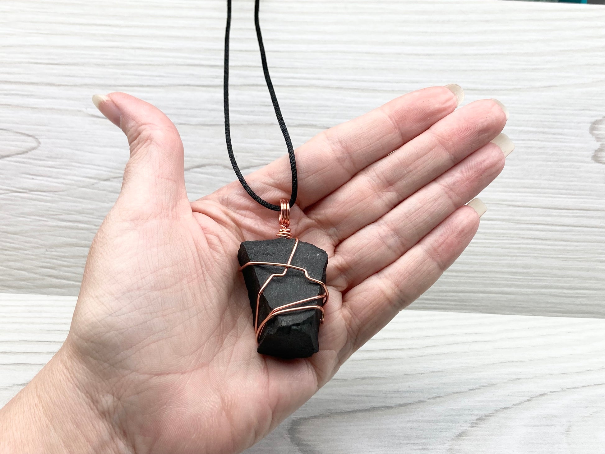 Black Agate Necklace. Raw Black Agate Stone Wrapped With Copper Wire. This pendant Is A Bit Chunky. Comes On A Black Chain. New Age Spiritual Jewelry.