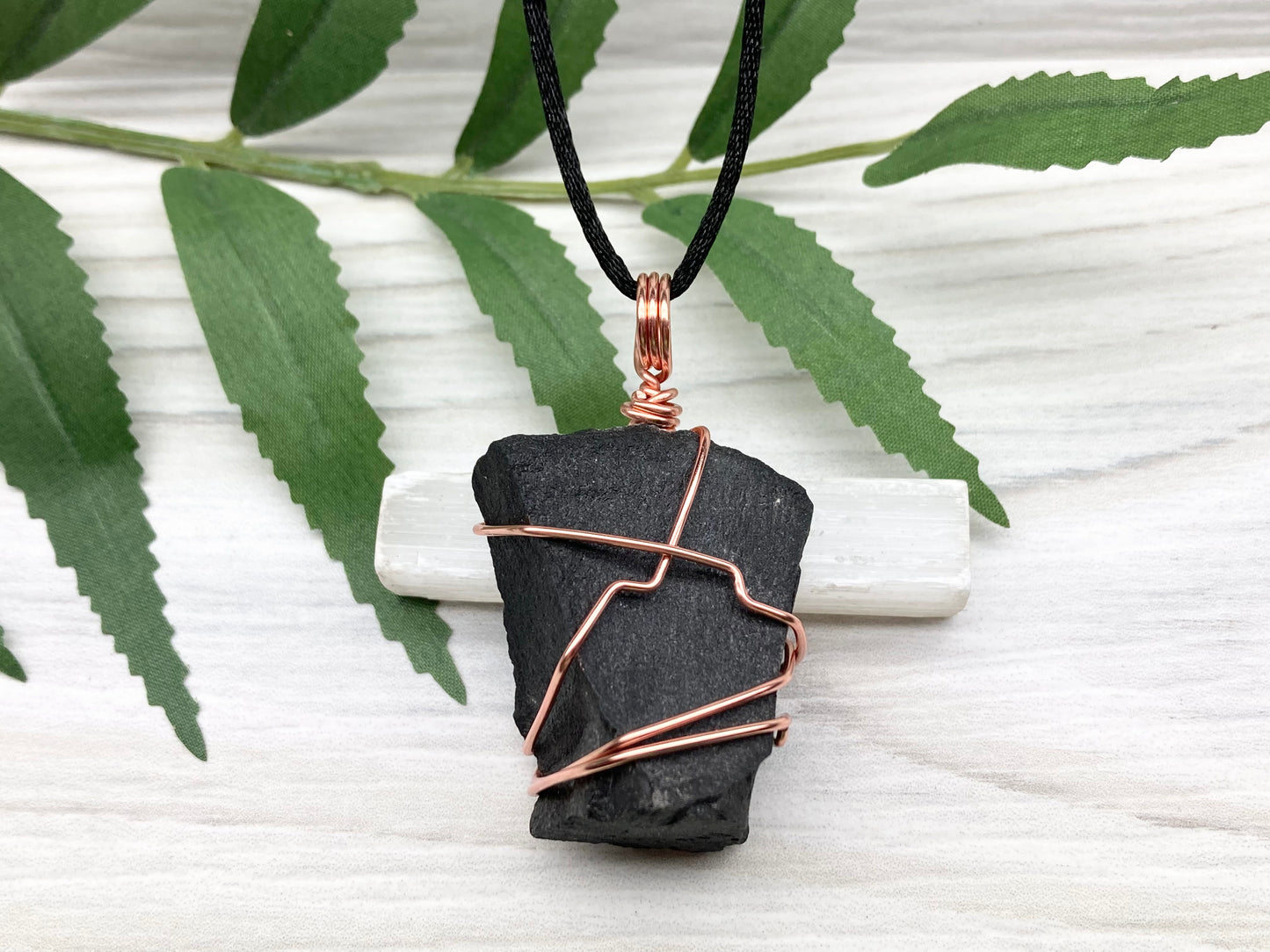 Black Agate Necklace. Raw Black Agate Stone Wrapped With Copper Wire. This pendant Is A Bit Chunky. Comes On A Black Chain. New Age Spiritual Jewelry.