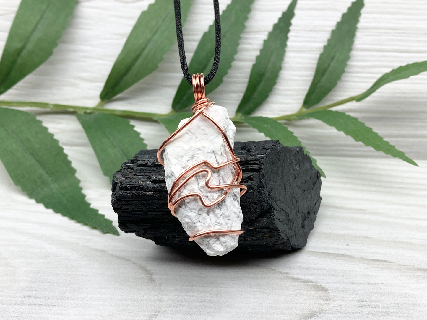 Raw Howlite Necklace. Raw White Crystal With Gray Marble Wrapped With Pure Copper Wire. Comes On A Black Chain. New Age Pendant For Him or Her. Virgo Zodiac Gift.