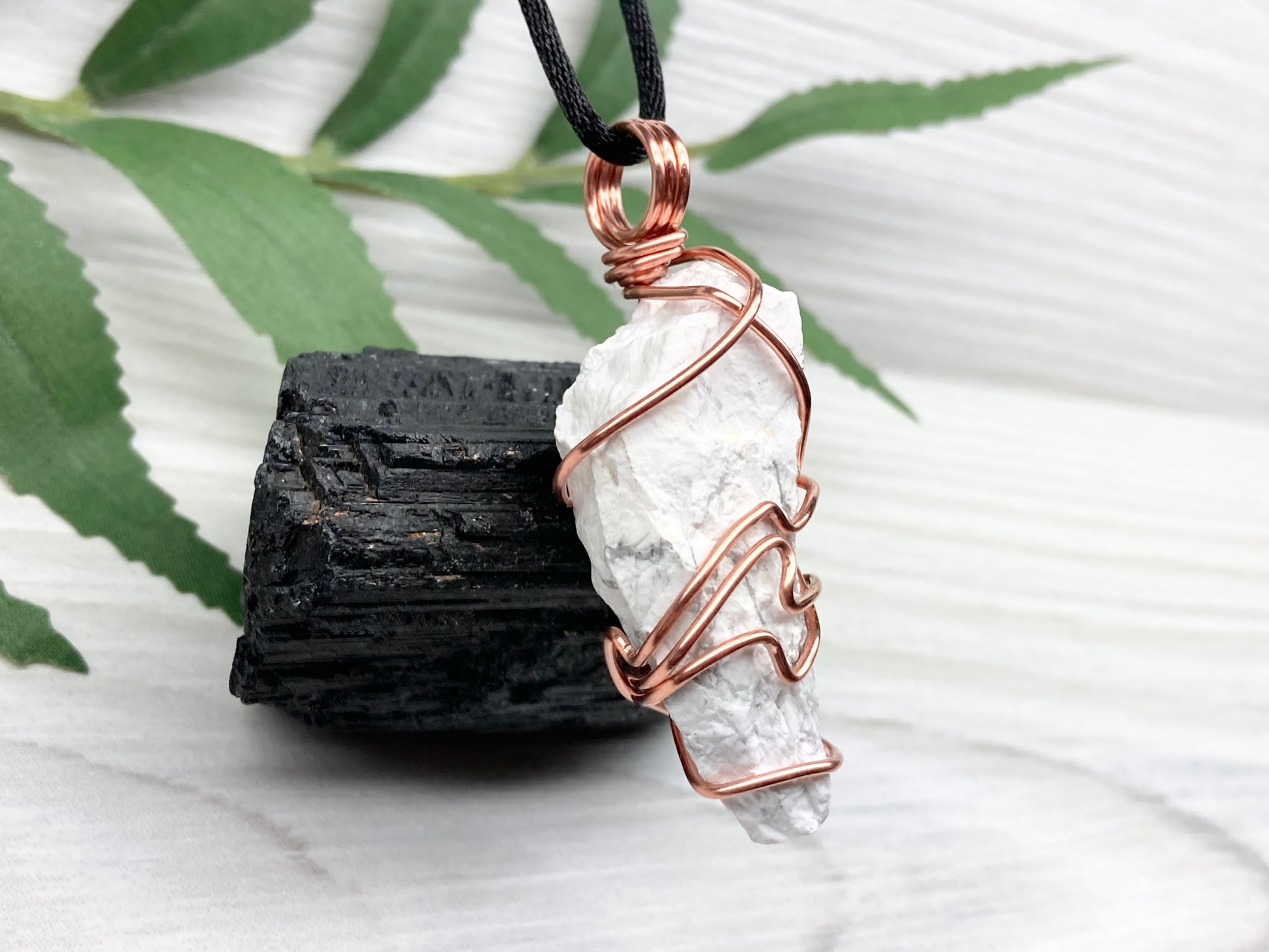 Raw Howlite Necklace. Raw White Crystal With Gray Marble Wrapped With Pure Copper Wire. Comes On A Black Chain. New Age Pendant For Him or Her. Virgo Zodiac Gift.
