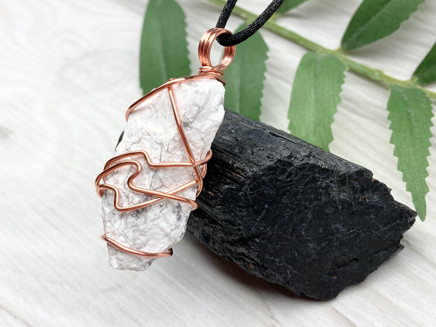Raw Howlite Necklace. Raw White Crystal With Gray Marble Wrapped With Pure Copper Wire. Comes On A Black Chain. New Age Pendant For Him or Her. Virgo Zodiac Gift.