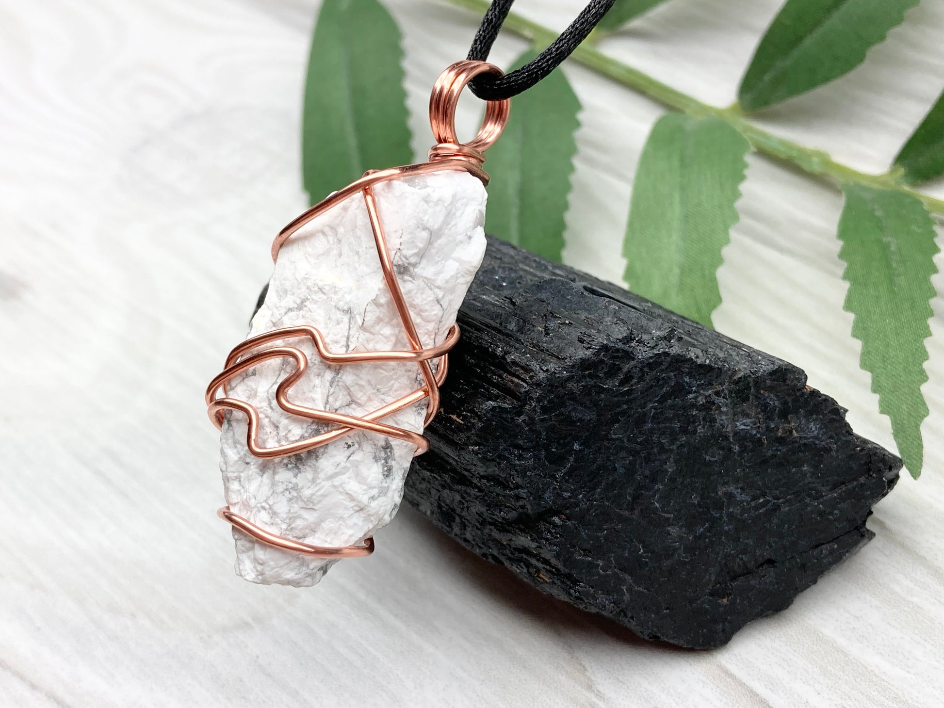 Raw Howlite Necklace. Raw White Crystal With Gray Marble Wrapped With Pure Copper Wire. Comes On A Black Chain. New Age Pendant For Him or Her. Virgo Zodiac Gift.