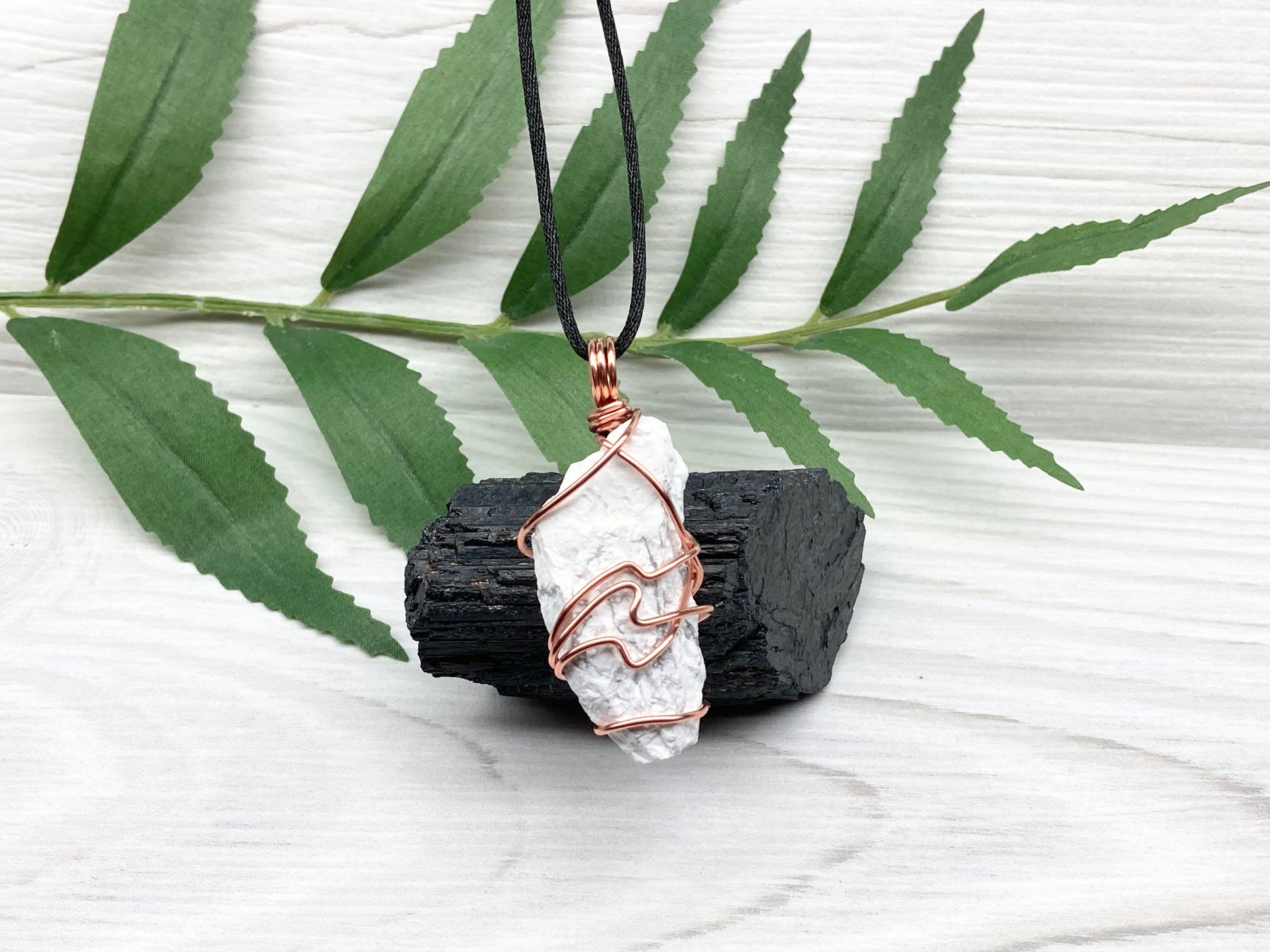 Raw Howlite Necklace. Raw White Crystal With Gray Marble Wrapped With Pure Copper Wire. Comes On A Black Chain. New Age Pendant For Him or Her. Virgo Zodiac Gift.
