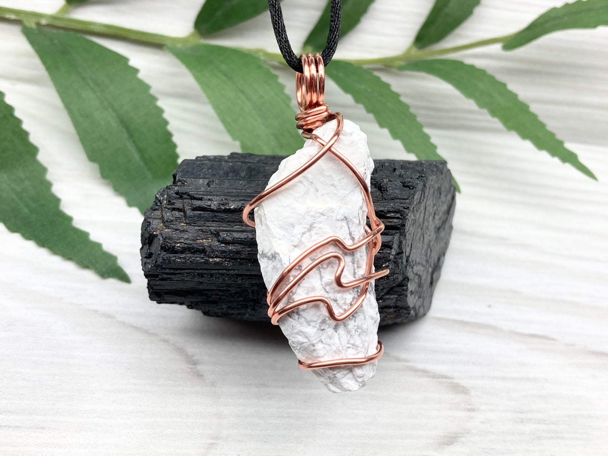 Raw Howlite Necklace. Raw White Crystal With Gray Marble Wrapped With Pure Copper Wire. Comes On A Black Chain. New Age Pendant For Him or Her. Virgo Zodiac Gift.