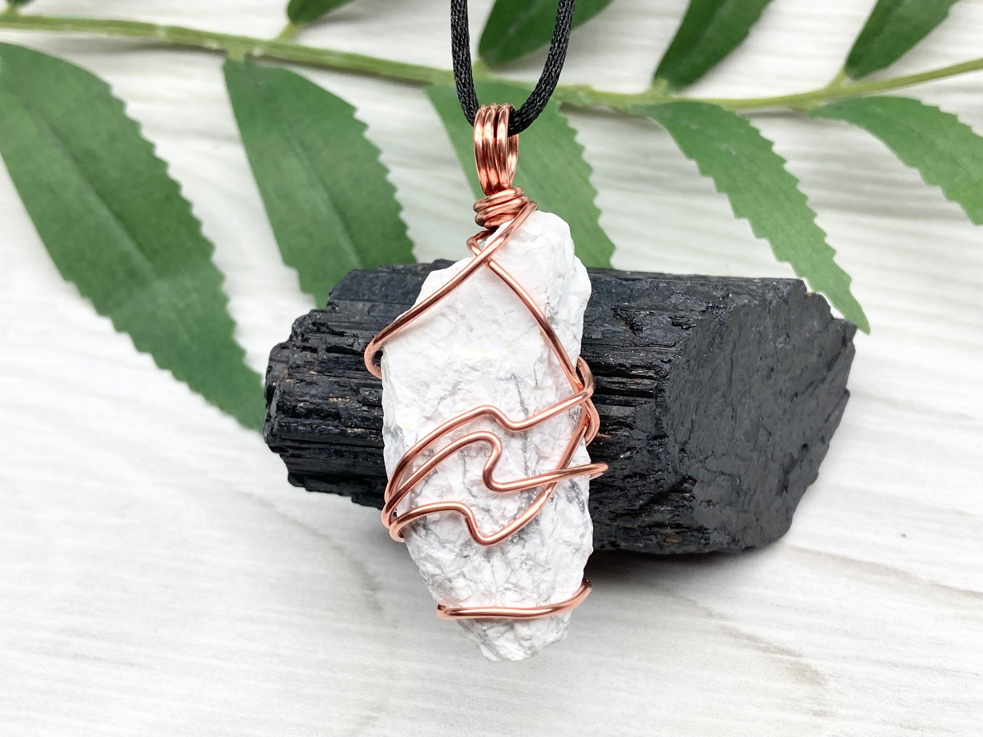 Raw Howlite Necklace. Raw White Crystal With Gray Marble Wrapped With Pure Copper Wire. Comes On A Black Chain. New Age Pendant For Him or Her. Virgo Zodiac Gift.