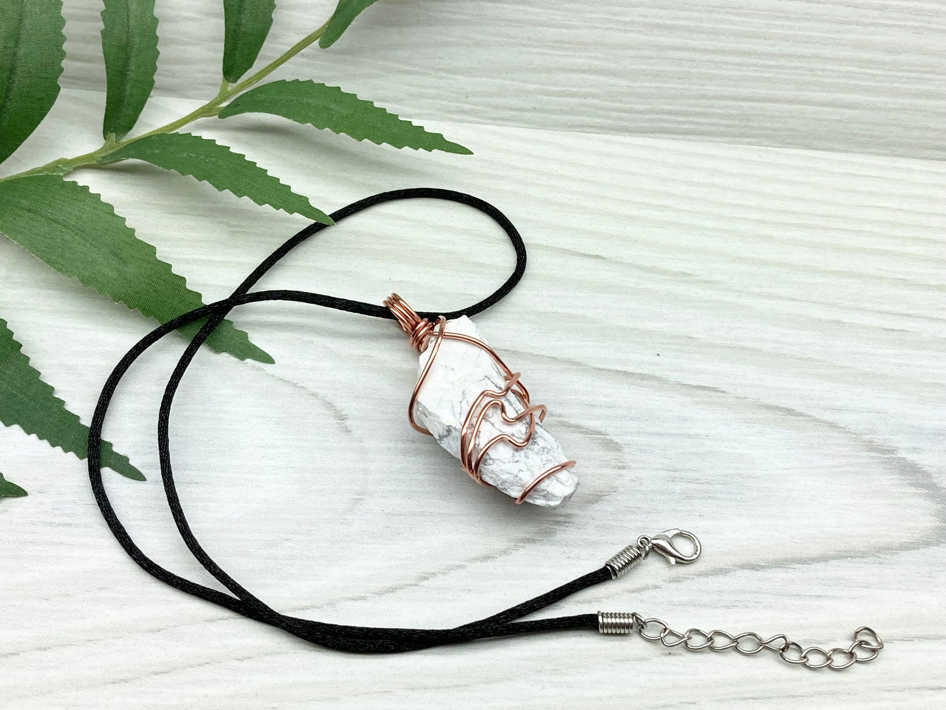 Raw Howlite Necklace. Raw White Crystal With Gray Marble Wrapped With Pure Copper Wire. Comes On A Black Chain. New Age Pendant For Him or Her. Virgo Zodiac Gift.